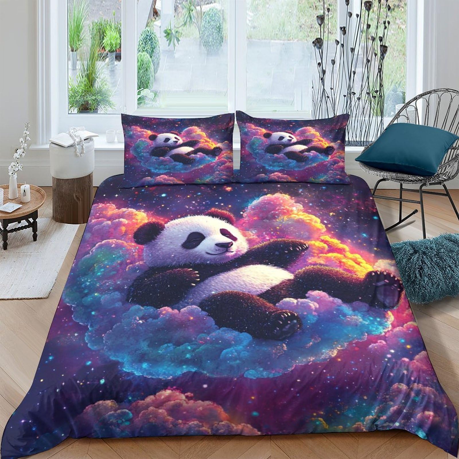 Ctjqhvkz Style-10 3D Printed Dreamy Panda Fitted Sheet Microfiber Soft Breathable Nebula Mattress Cover Bedroom Dorm Decor Single（135X200cm）