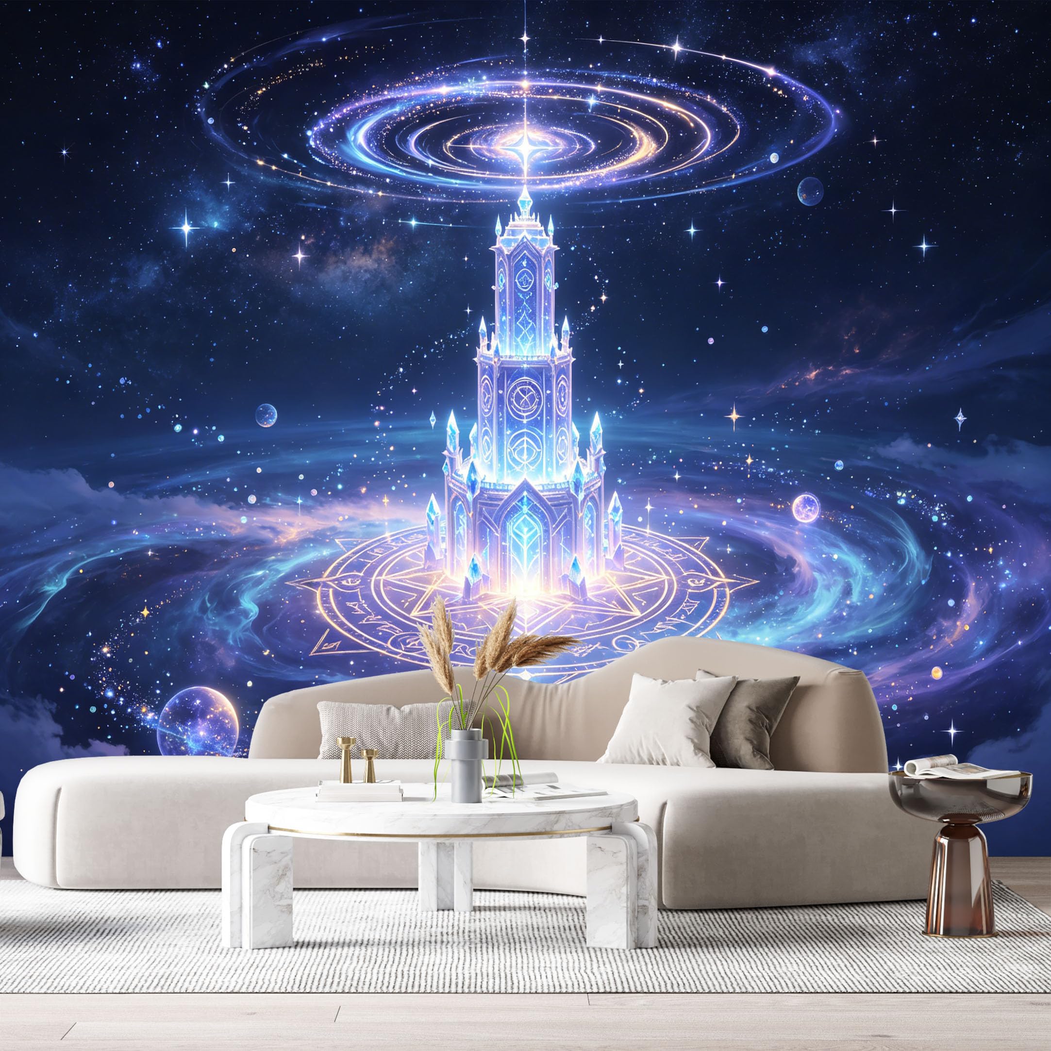Custom Size Wall Murals Cosmic Palace Landscape Fantasy Galaxy Stars Space Tower SelfAdhesive Wall Fabric Removable Large Wallpaper for Photo Living Room
