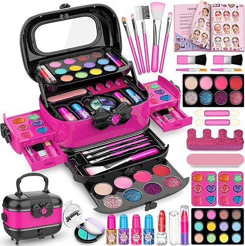 Kit de maquillaje para niños para niñas, juguetes de maquillaje lavables con estuche de cosméticos, juego de belleza de princesa real, juguetes para