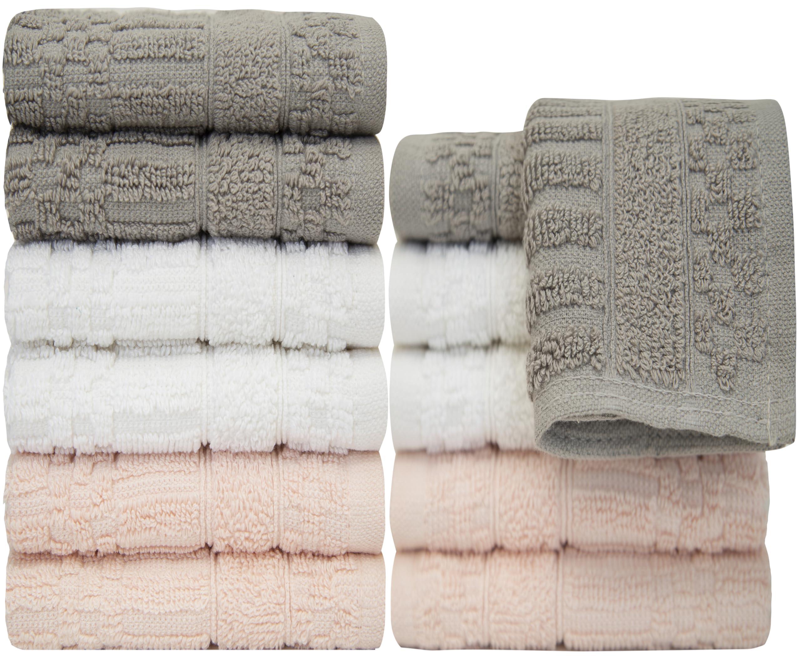 PH Pleasant Home Diamond Wash Cloths Set - 12 Pack (12” x 12”) – 509 GSM - 100% Ring Spun Cotton Wash Cloth - Super Soft and Highly Absorbent Face Towels (Light Grey, White &amp; Pink)