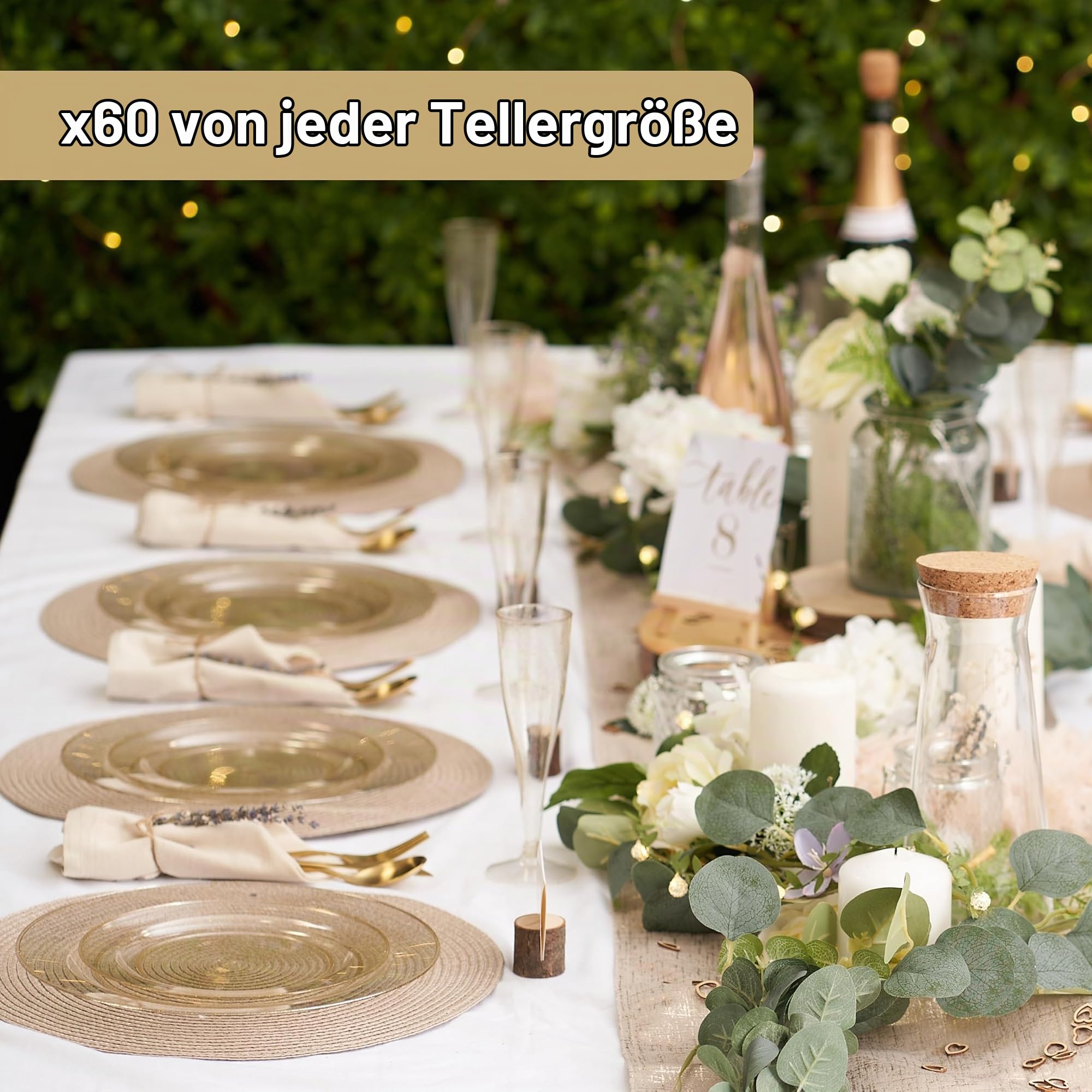 MATANA 360-teiliges Premium Geschirrset – Wiederverwendbar & Elegant für 60 Gäste – Teller mit Goldrand, Becher & 180-teiliges Besteck – Ideal für Hochzeiten, Partys & Feiern
