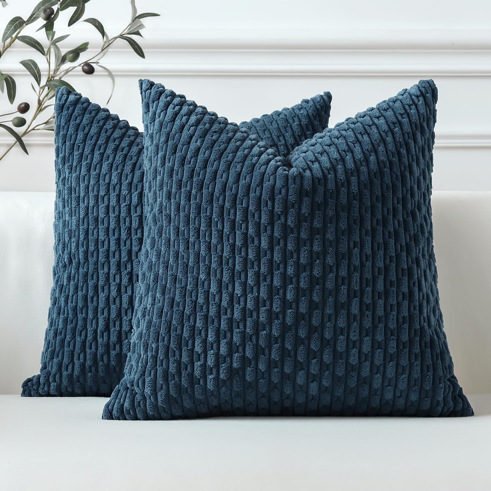 Sungeek Set of 2 Blue Soft Corduroy Decorative Cushion Covers Boho Striped Throw Pillow Covers for Sofa Couch Living Room Patio Farmhouse Home Decor Pillowcases 55x55cm