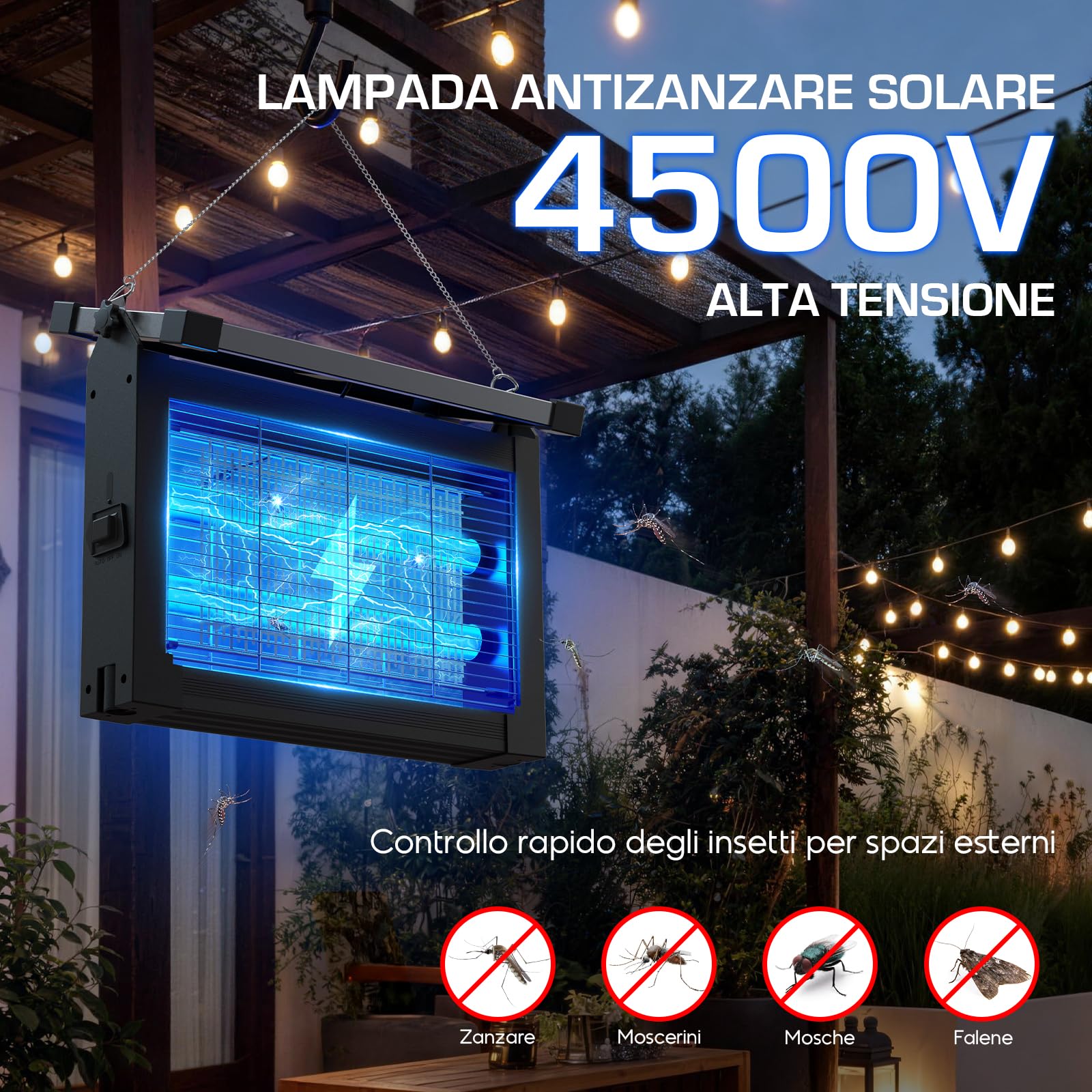 Lampada Antizanzare Solare, Zanzariera Elettrica 4500V da Esterno con Sensore del Pannello, Anti Mosche Elettrico Impermeabile, Ideale per Patio, Giardino e Campeggio (Nero)