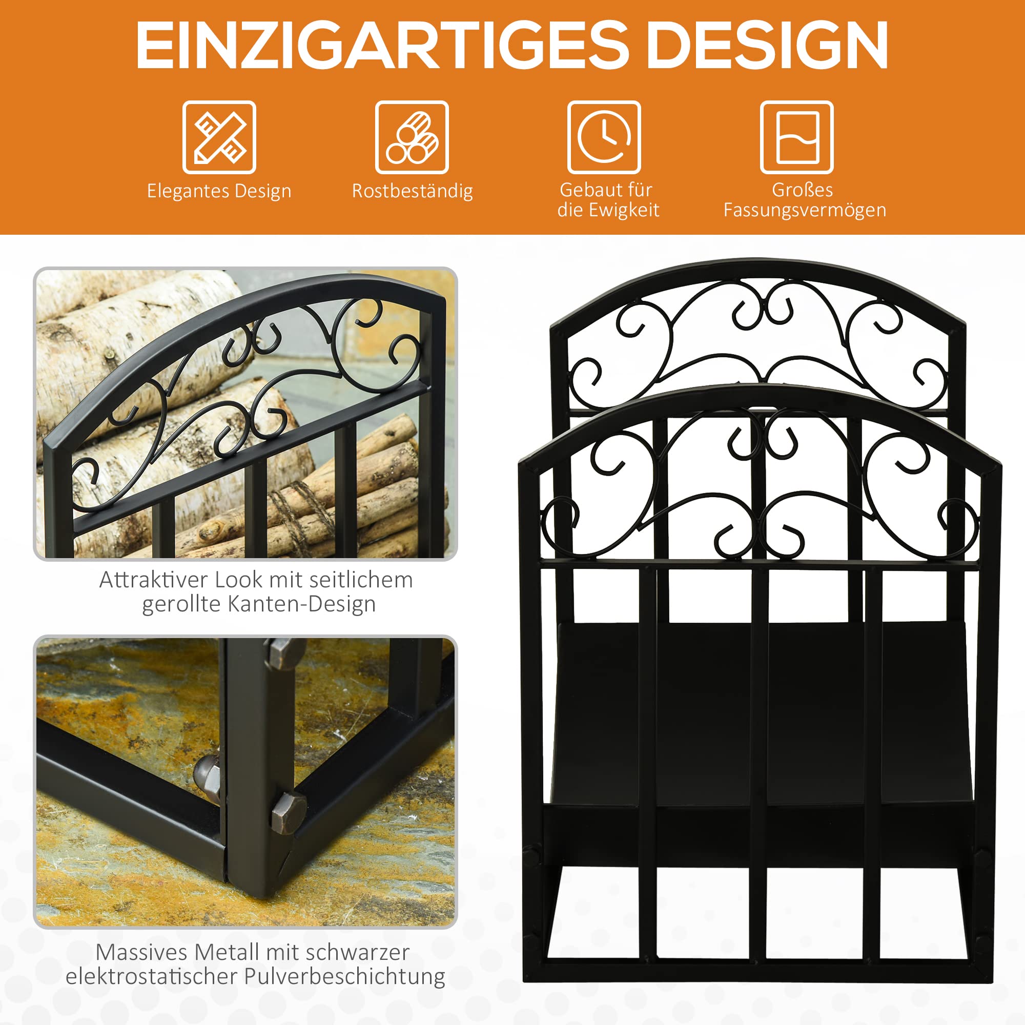 Outsunny Kaminholzregal Kaminholzständer Schwarz 60,5 x 36 x 46,5 cm | Brennholzregal, 60 kg Belastbar, Feuerholzablage, Kaminwerkzeug, Metall