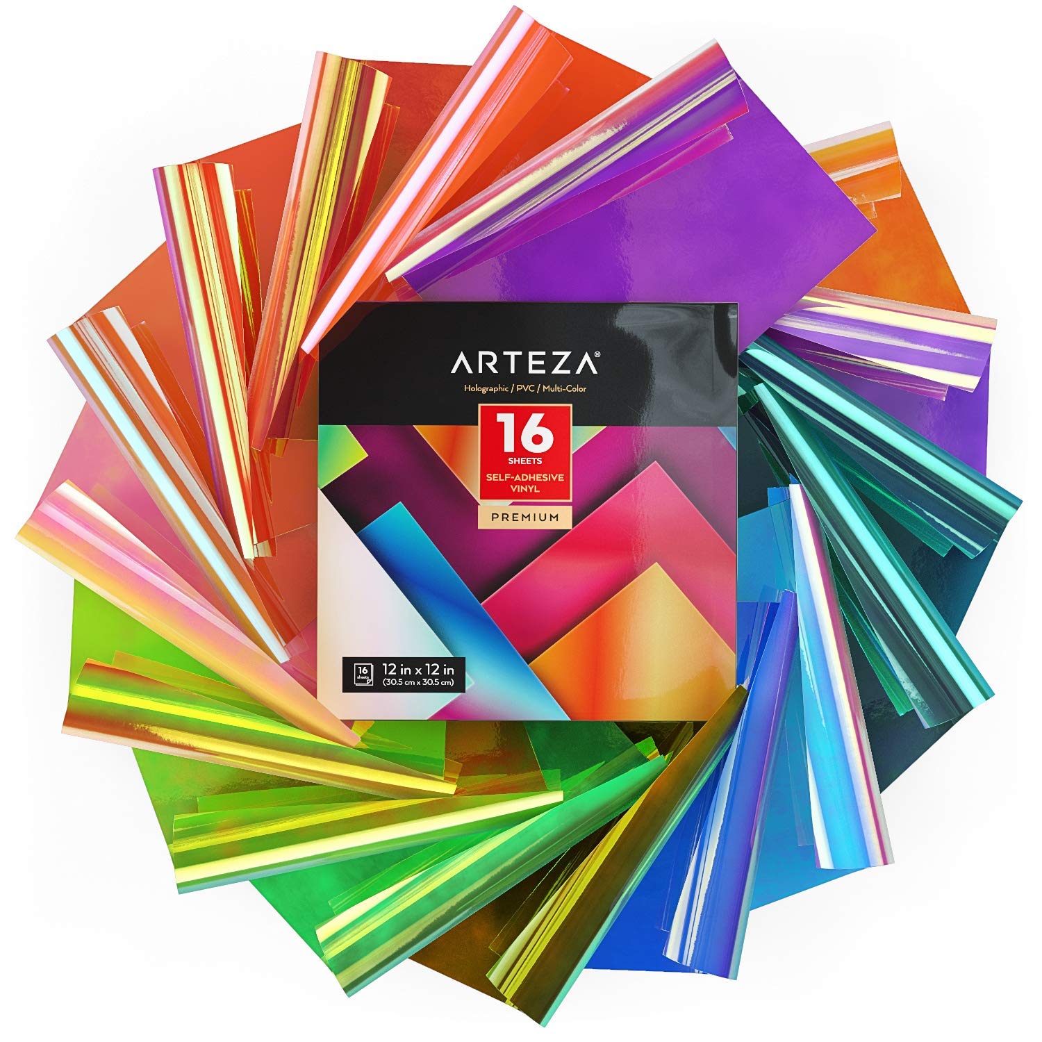 ARTEZA Hologramm Plotterfolie selbstklebend, 30.48 x 30.48 cm, 16er-Set Vinylfolie, mehrfarbige Regenbogen- und Opal-Bastelblätter, leicht zu schneiden, Vinyl Klebefolie für Innen- und Außen