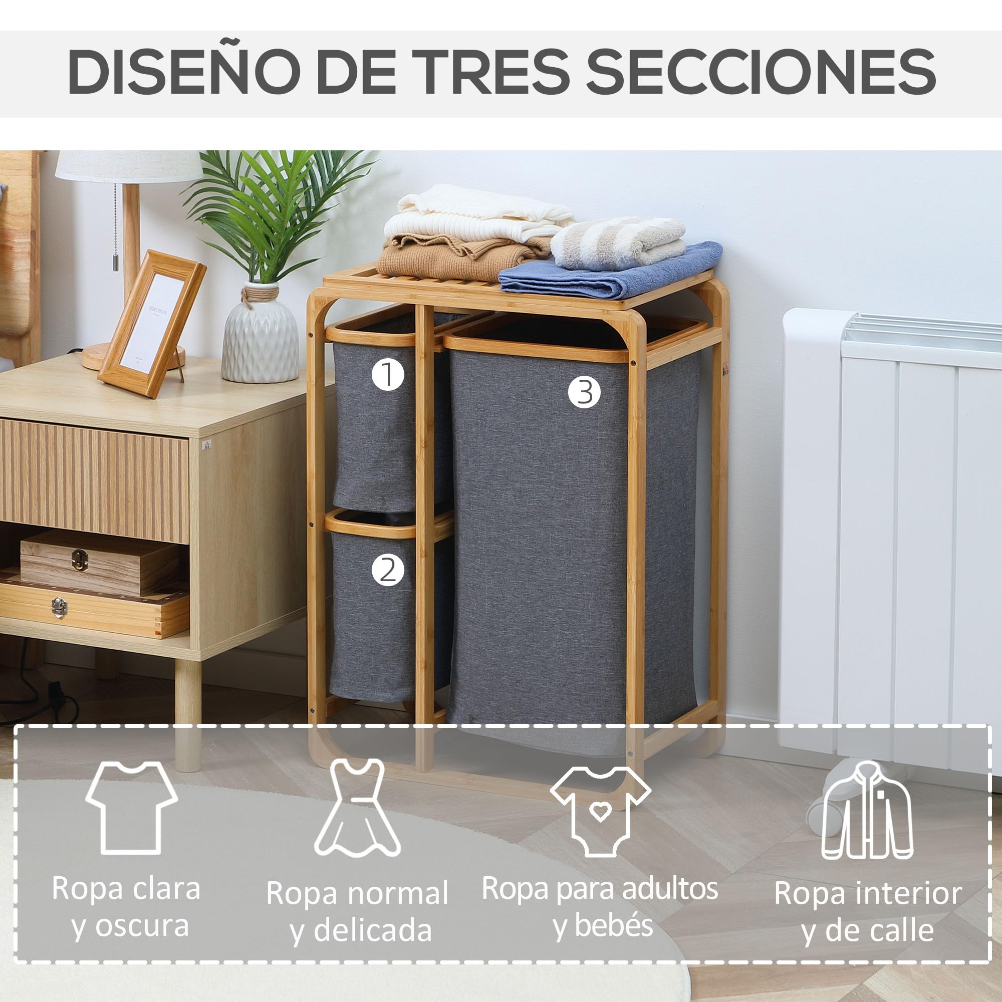 HOMCOM Cesto para Ropa Sucia de Bambú con 3 Bolsas 50x32x69,7 cm Gris | Bolsas de Tela Extraíbles, Estante Abierto, Cesta para la Colada, Baño Dormitorio