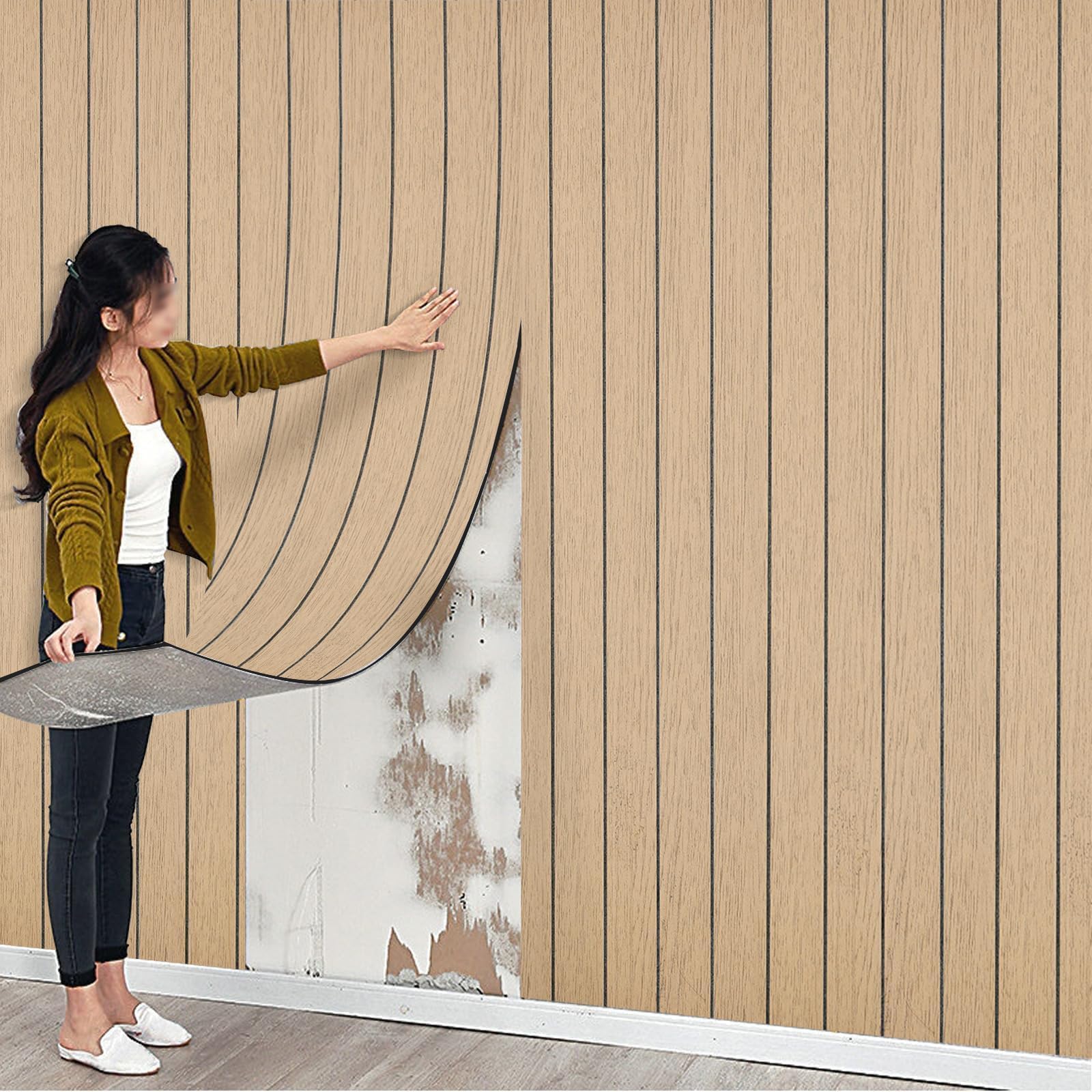 Anttyscar Thick Faux Wood Slat Wallpaper, Peel and Stick 3D Foil Insulation Self Adhesive Wall Panels Wallpaper Brown Sound Absorbing Wooden Slats for Bathroom, Bedroom, Kitchen, Living Room 40cm*3m — image 1