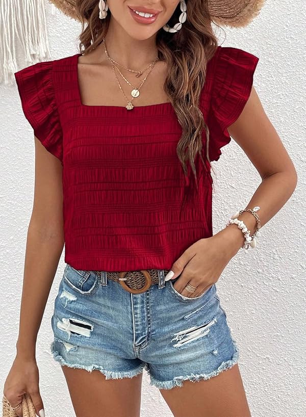 SHEWIN Blouses for Women Dressy Casual Fashion Trendy Ruffle Sleeve Square Neck Spring Tops for Women 2026 Racing Red X-Large by SHEWIN - Used condition - Image 7