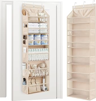 STORAGE MANIAC Over the Door Organizer 6-Shelf Closet Hanging Storage with 14 Mesh Pockets, 66lbs Capacity Clear Deep Pockets Behind Door Storage for Nursery, Bathroom, Bedroom, 1 Pack Oat Beige