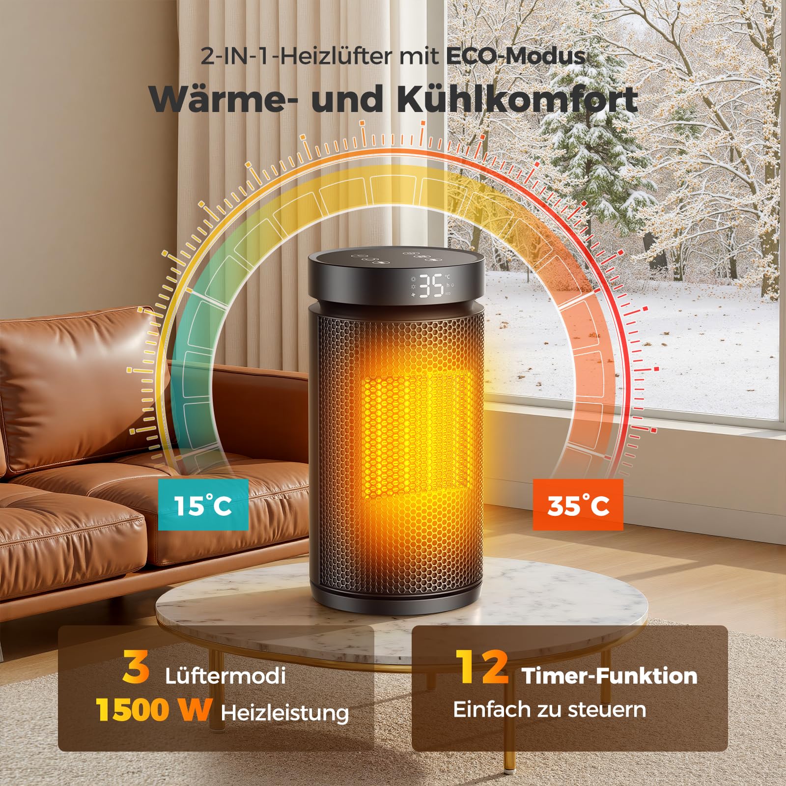 Verwarmingsventilator, Energiebesparend, 1500 W, PTC Keramische Ventilatorkachel Stil 26 Cm Elektrische Verwarming Met Thermostaat En Afstandsbediening Eco Modus 70 Graden Oscillatie 3494979759