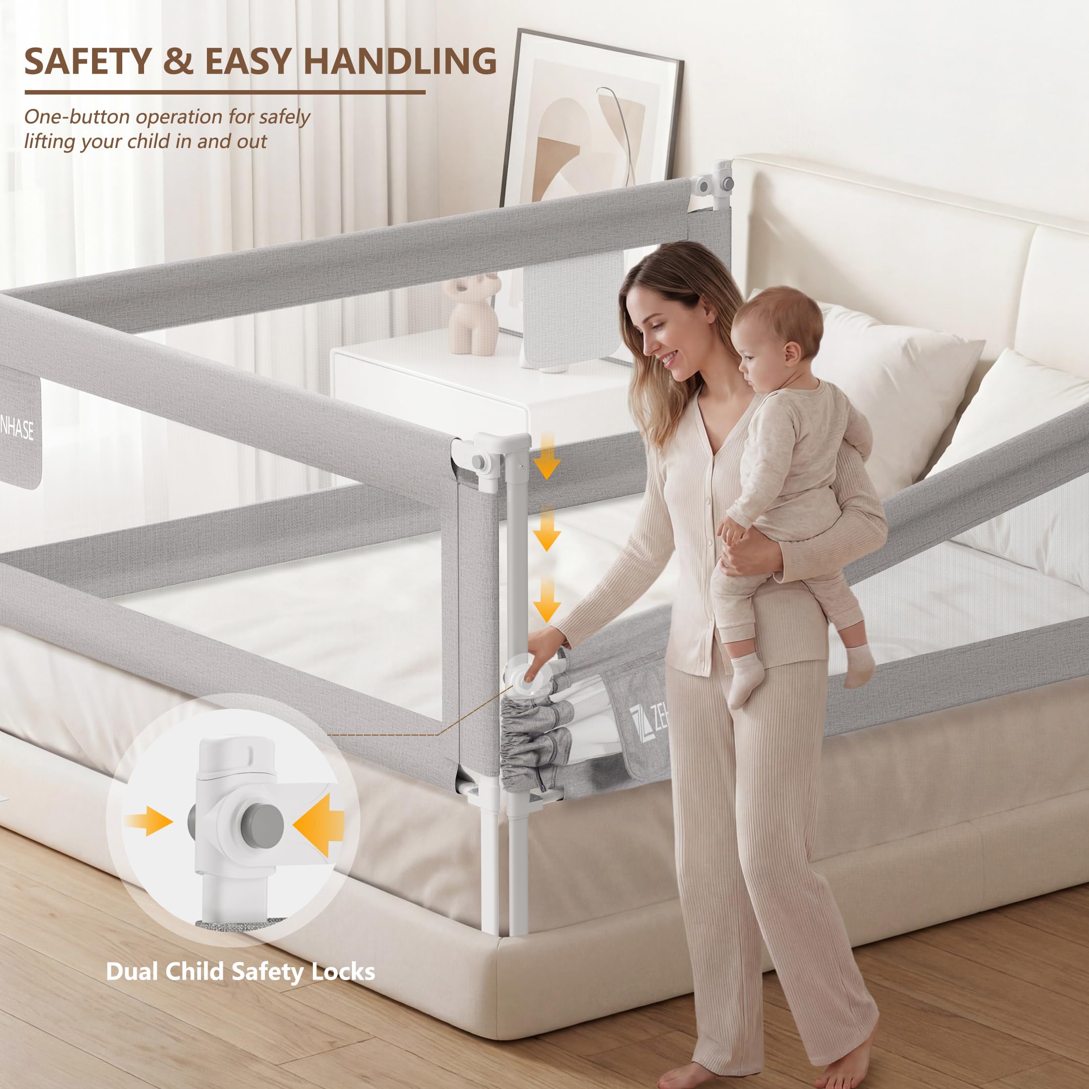 Sponda letto bambini extra alta e traspirante, barriera per letto con sollevamento verticale, blocco di sicurezza, tasca e facile montaggio (190cm, grigio, 1lato)