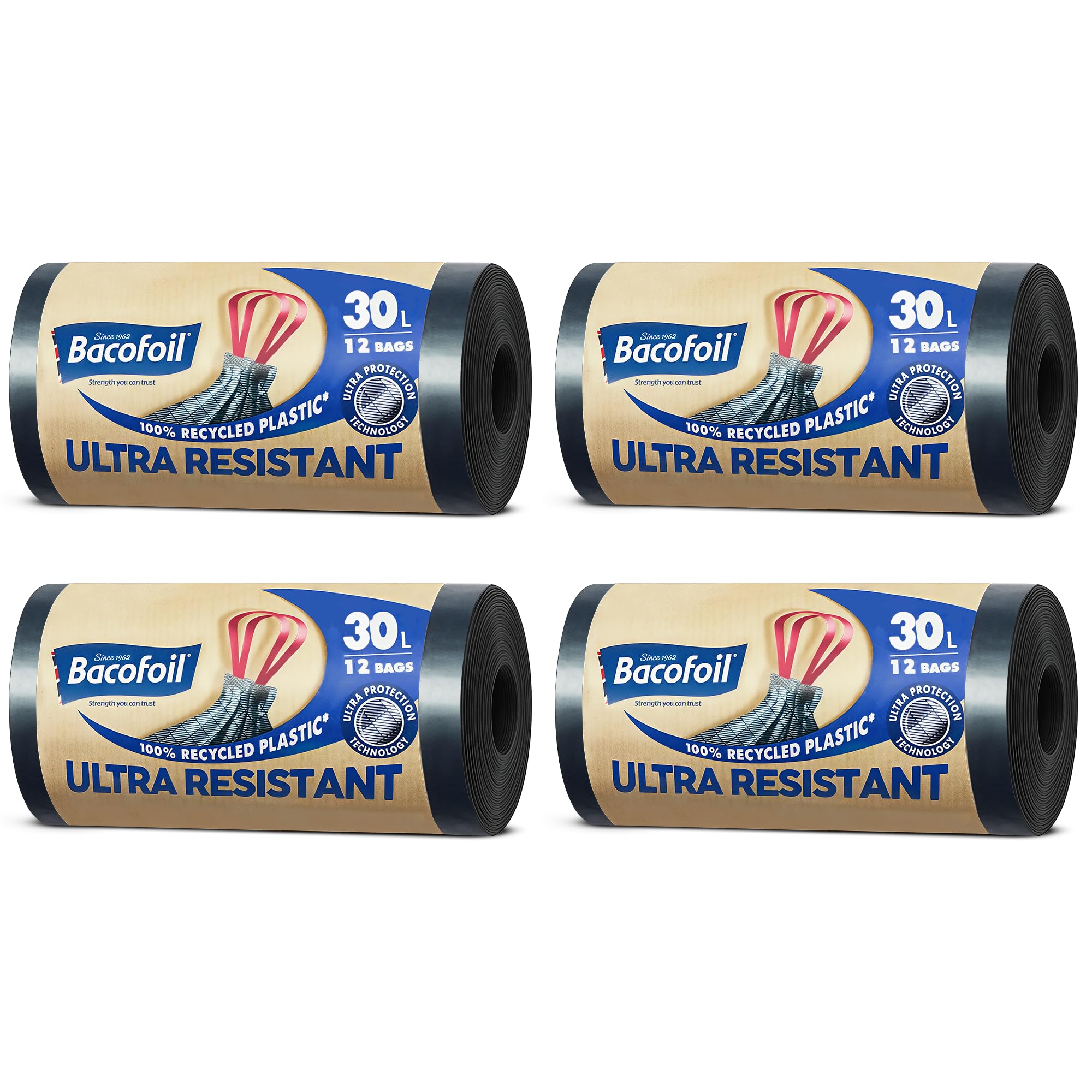 Bacofoil Ultra Resistant Bin Liners with Drawstring Handles 30L - Leak-Proof and Tear Resistant Bin Bag with Ultra Protection Technology (4 Rolls, 48 Bags)