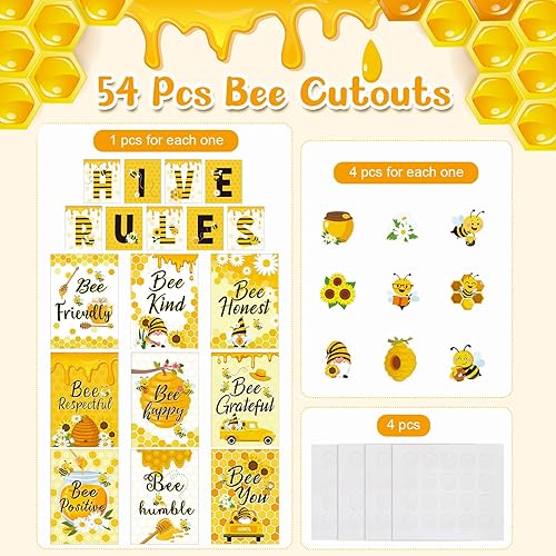 Miniatura 3 de Harloon Juego de 54 tablones de anuncios de abeja, decoración de aula de abeja, pósteres motivacionales de verano, póster de reglas de colmena,