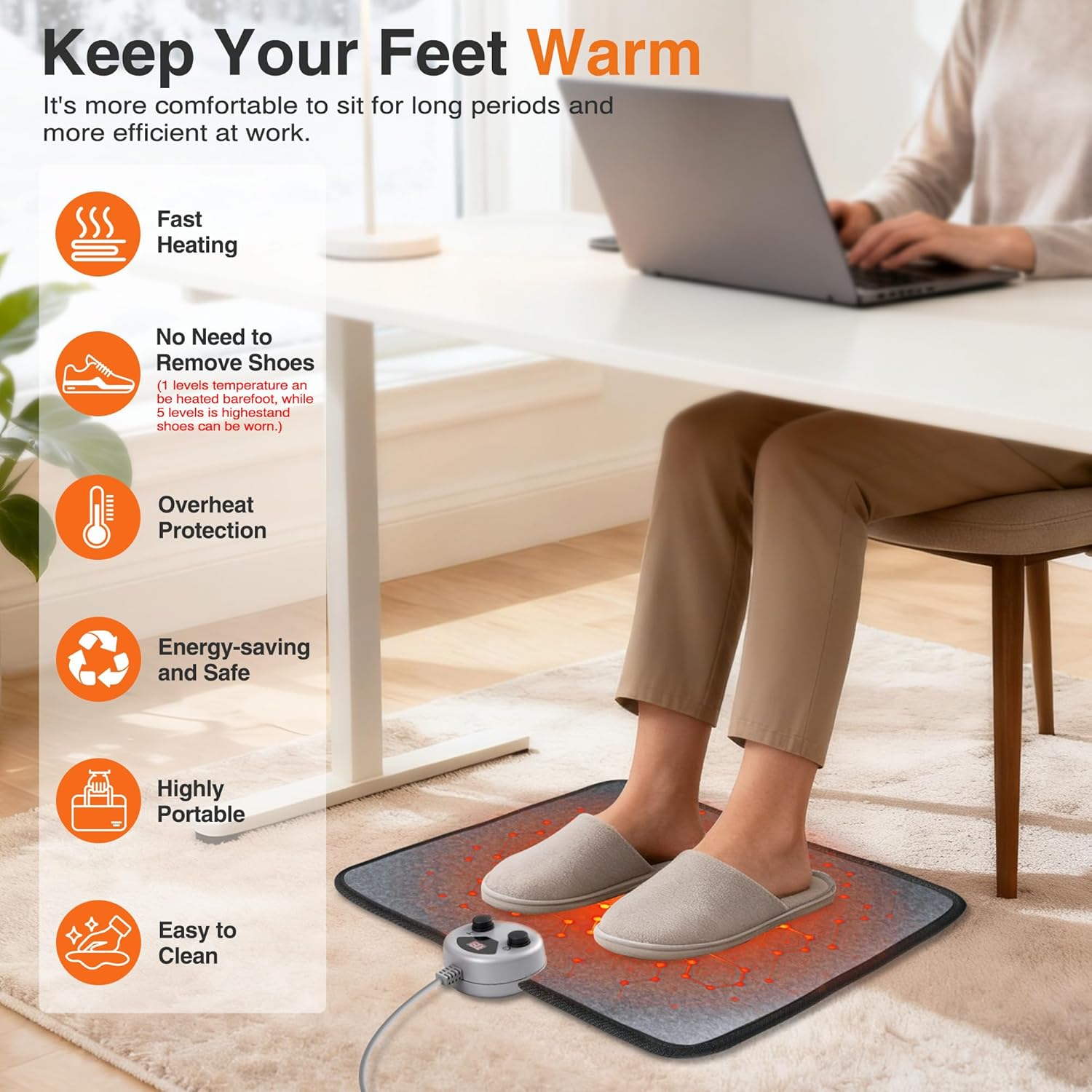 Foot Warmer, Heated Foot Mat Under Desk, 5 Temperature Settings & 7 Timer Settings, Auto Shut-Off & Fast Heating, Heated Foot Pad for Home & Office Use(Black Gray)