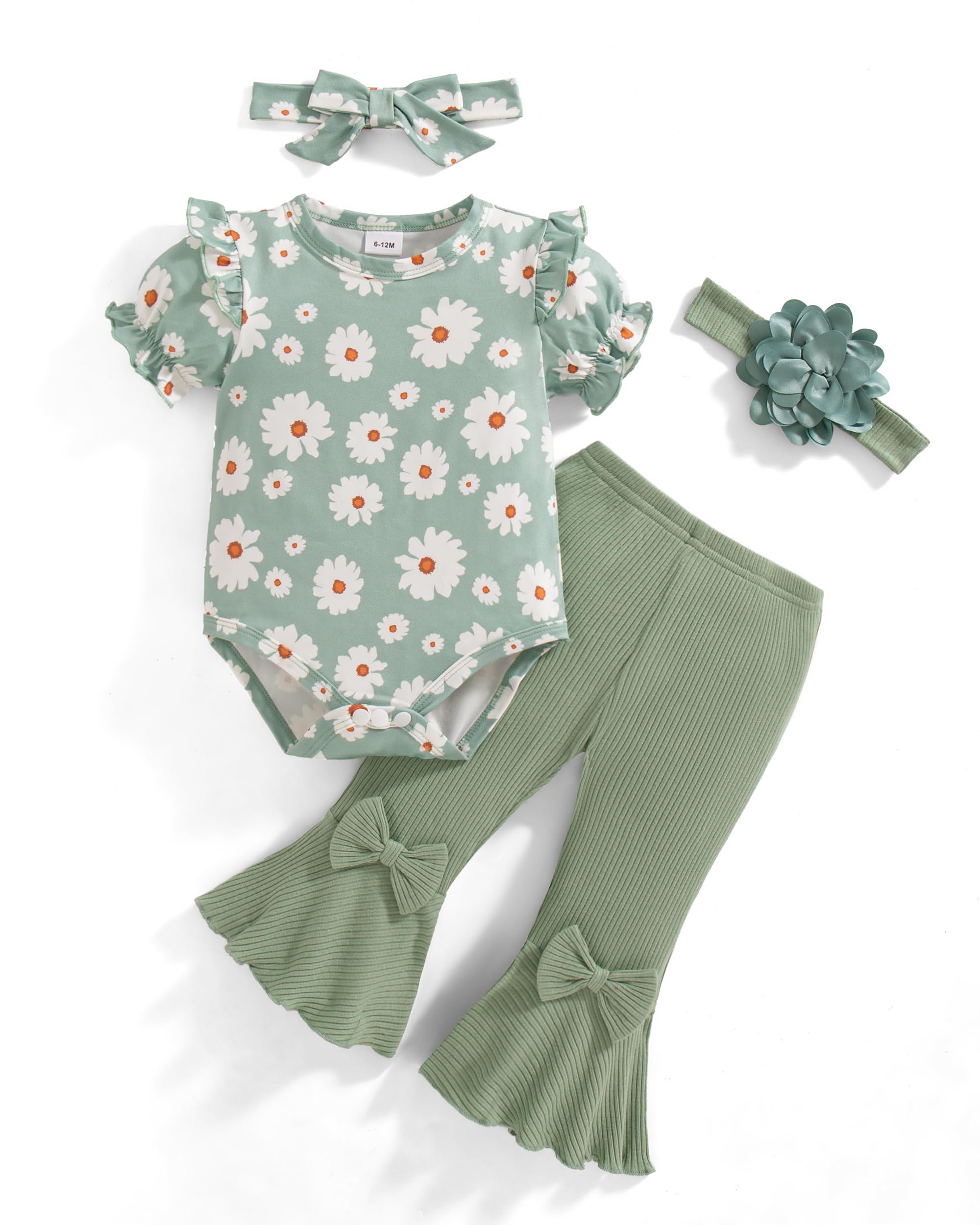 Vibebox Baby Girl Clothes Newborn Preemie Summer Outfits Short Sleeve Ruffle Romper Tops Bell Bottoms Pant Sets with
