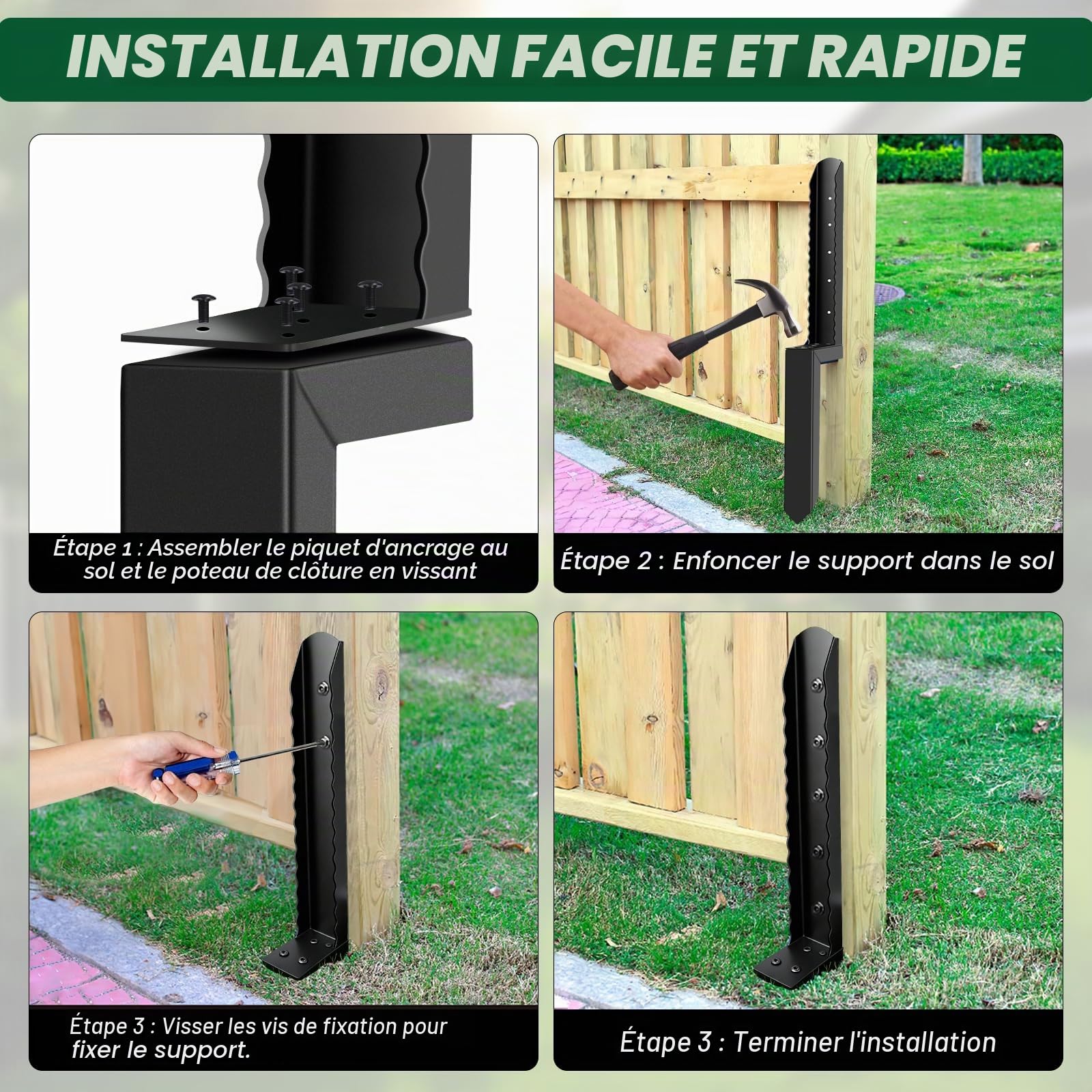1 PCS Kit de Réparation de Poteaux de Clôture épais, Support de Poteau en Acier Robuste pour poteaux de Clôture en Bois inclinés ou cassés 80 * 40 cm - Noir