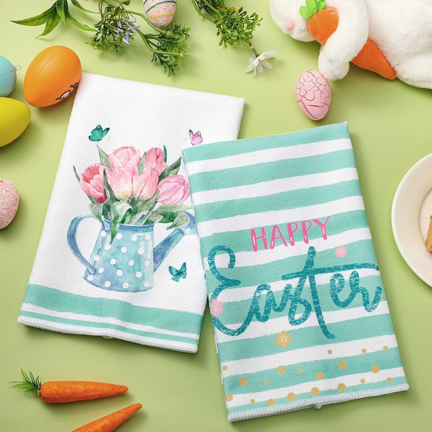Preboun Easter Kitchen Towels Set of 6 Bunny Eggs Dish Towels Spring Stripe Hand Tea Cloths Floral Rabbit Eggs Gnome for Happy Easter Home Kitchen Bathroom Religious Decoration Gifts 16 x 24 Inch - Image 6