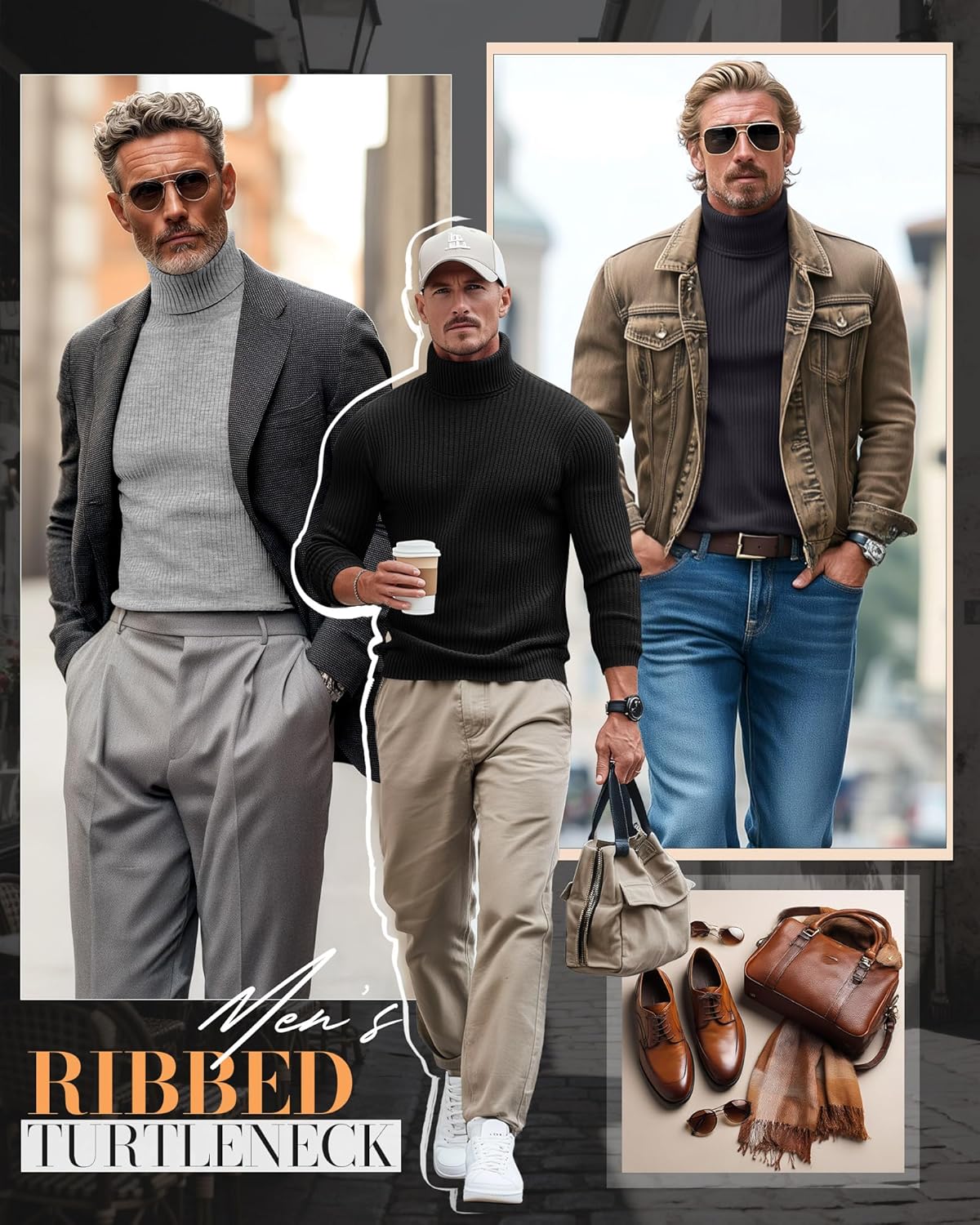 3 Pack Men's Ribbed Turtleneck Shirts, Long Sleeve Mock Neck Lightweight Pullover Sweaters Knit Base Layer Tee Tops - Image 2