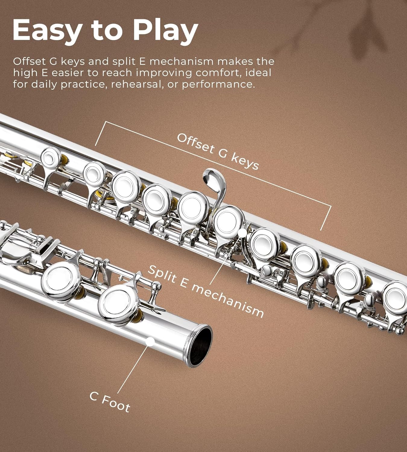 Close-up of the flute's keys, highlighting the offset G keys and split E mechanism