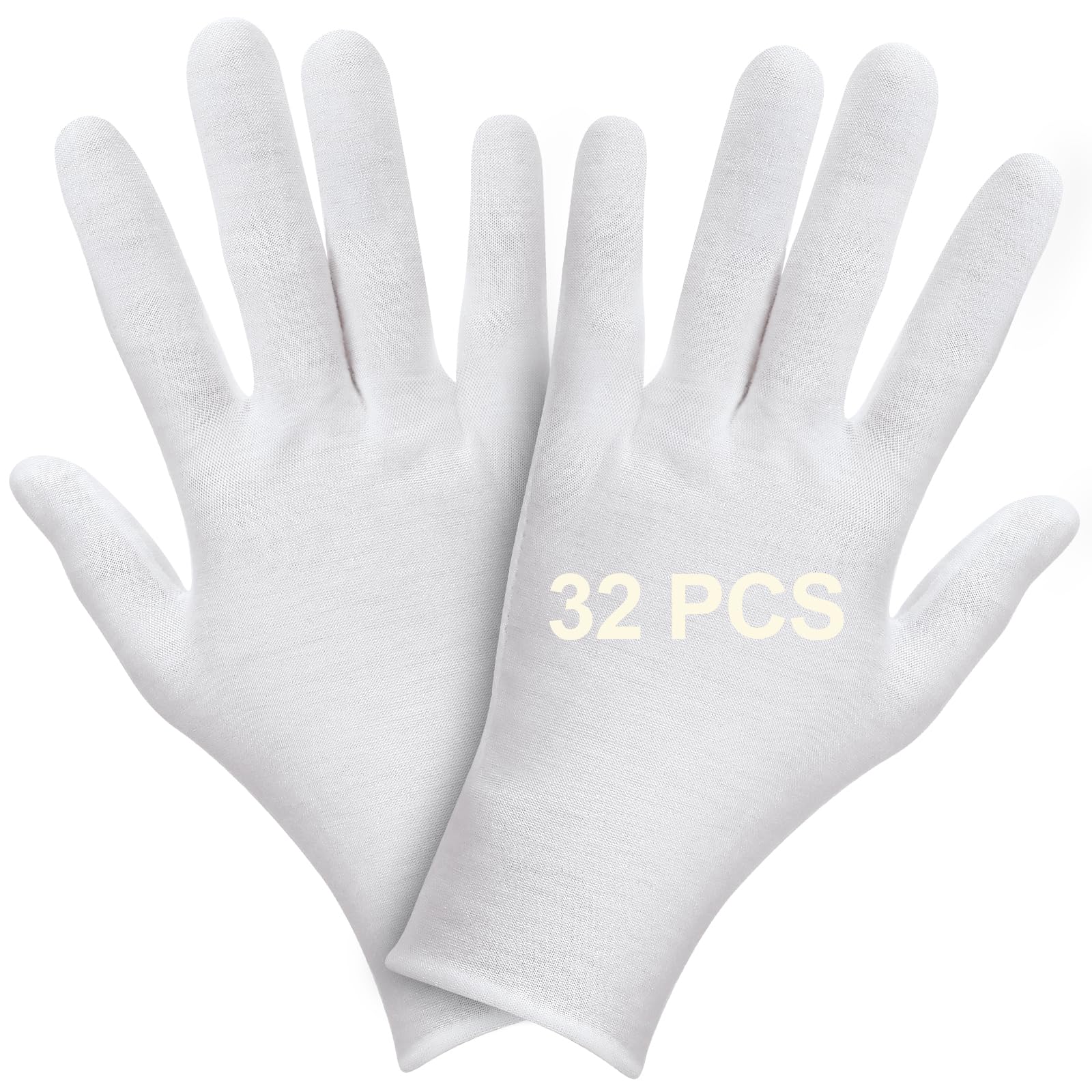 32PCS (16 Pairs) Thin White Gloves for Dry Hands Sleeping, Breathable White Glove with Elastic Cuff for Overnight Treatment, Eczema, Spa, Work, Inspection (One Size Fits Most)