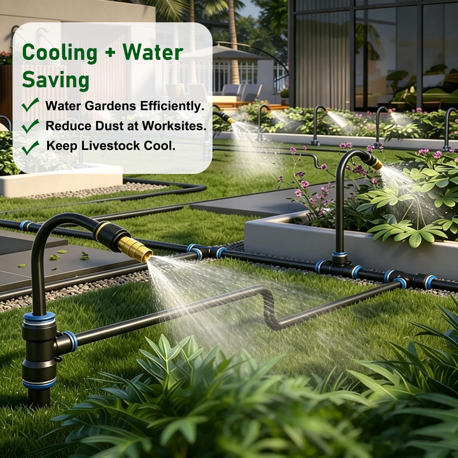 Kit Arrosage Automatique Kit de Système D'irrigation Goutte-à-Goutte Flexible | Kit de Brumisation Rafraîchissante Anti-fuite avec Tuyau en PE, Buses en Laiton Réglables et Raccords en T(65m/213ft)