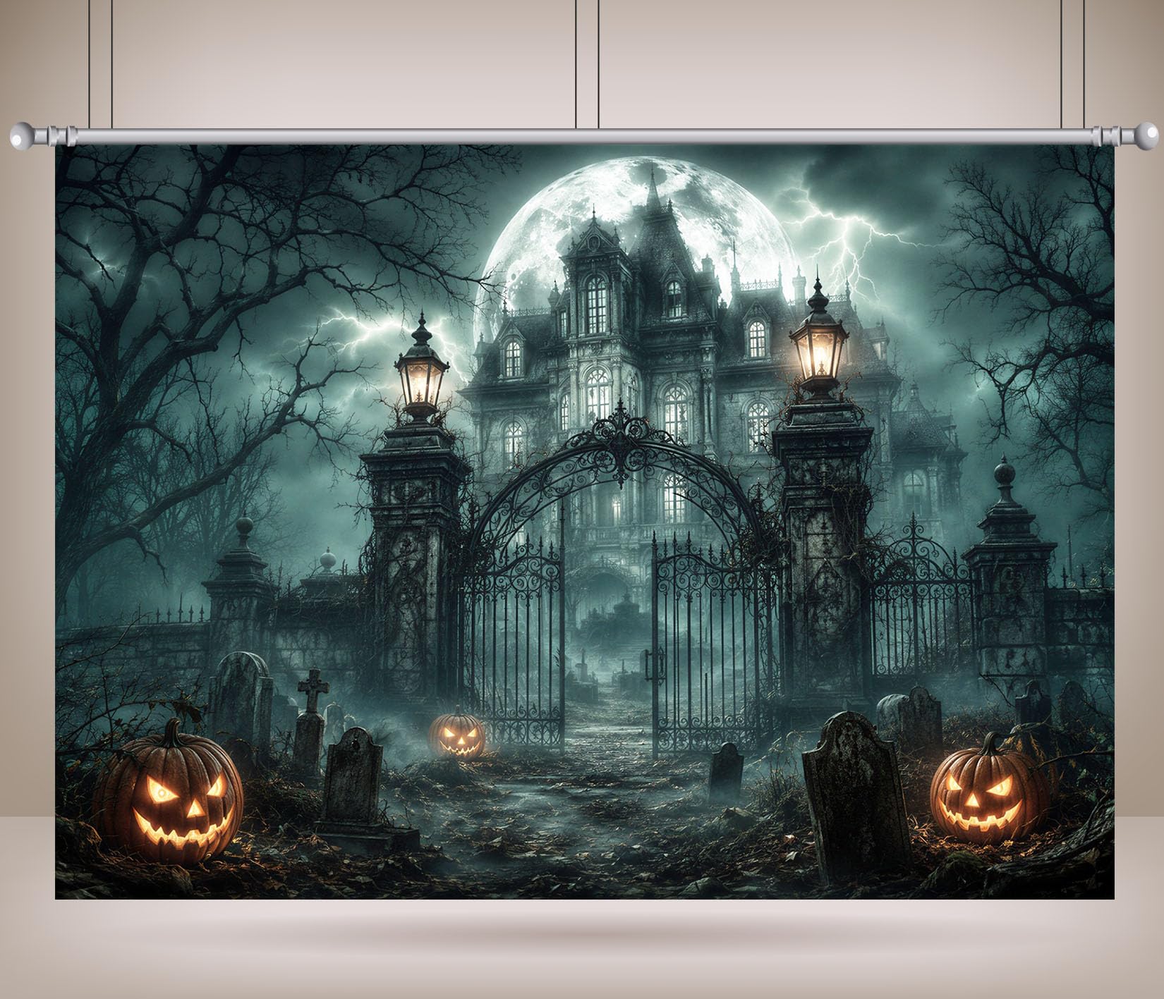 BELECO 5.2x3m Tessuto Sfondo Halloween Villa Infestata Cimitero | Casa Infestata Spaventosa Zucca Lapide Fulmine Luna Piena Sfondo Festa Orrore Telo Di Sfondo