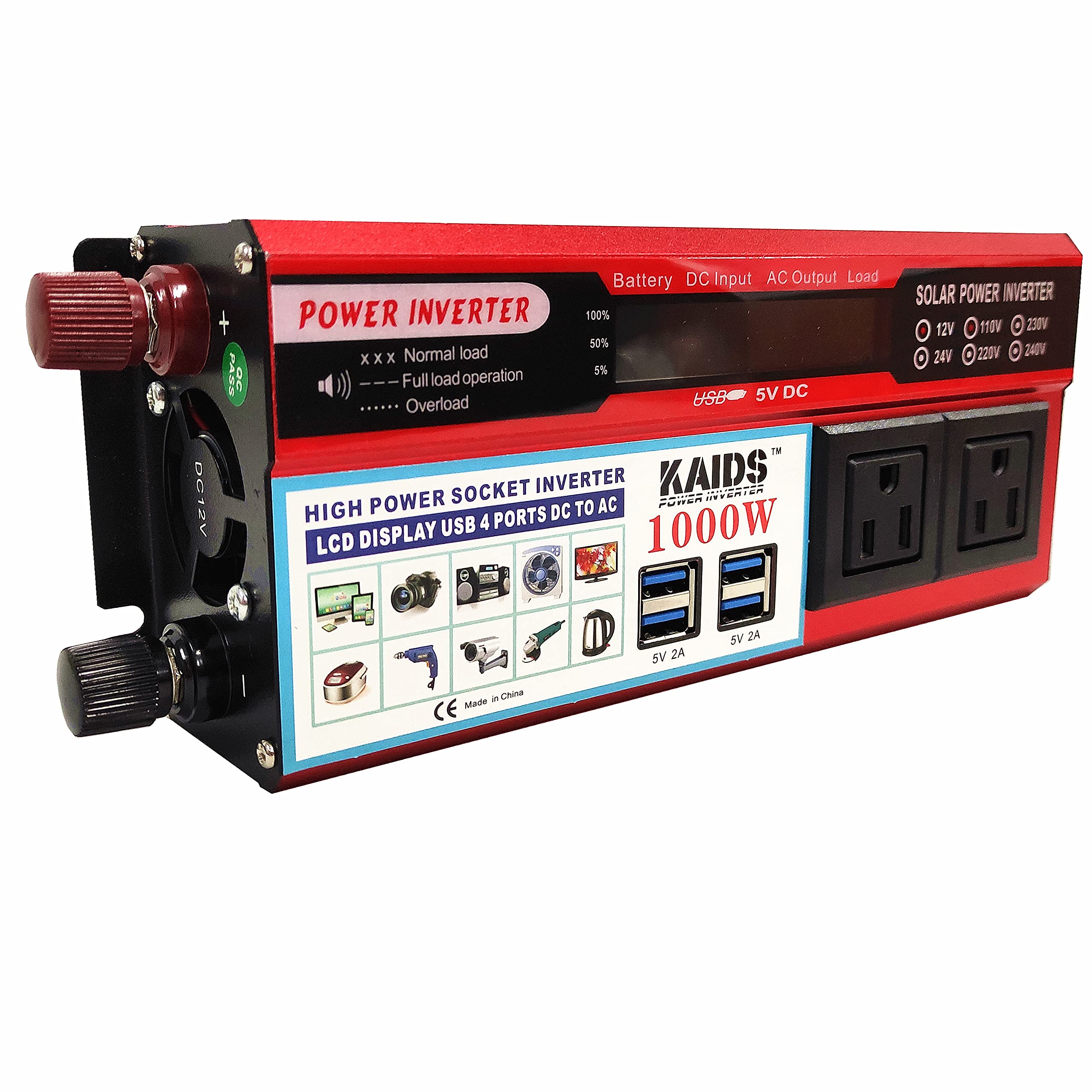 KAIDS Multi Function Power Inverter Dual Sockets1000W Peak 2000W Car 12V DC to 110V AC Converter 4 x 2.4A USB Ports Car Charger Car Power Inverter Emergency Power Supply (Red 1000W)