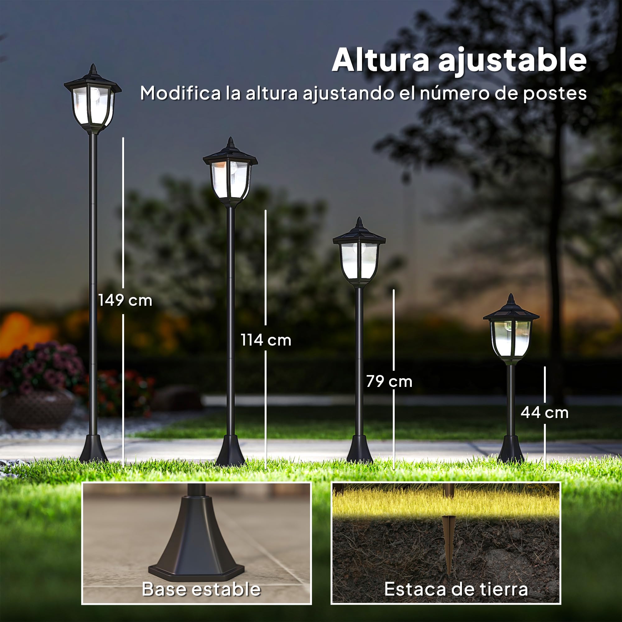 Outsunny Farola Solar con Panel Solar a Cargar Batería Protección al Ambiente 6 LED Perfecto para Noche Encendido Automático Autonomía de 6 Horas Instalar Fácil Negro Ø26,5 x 177cm