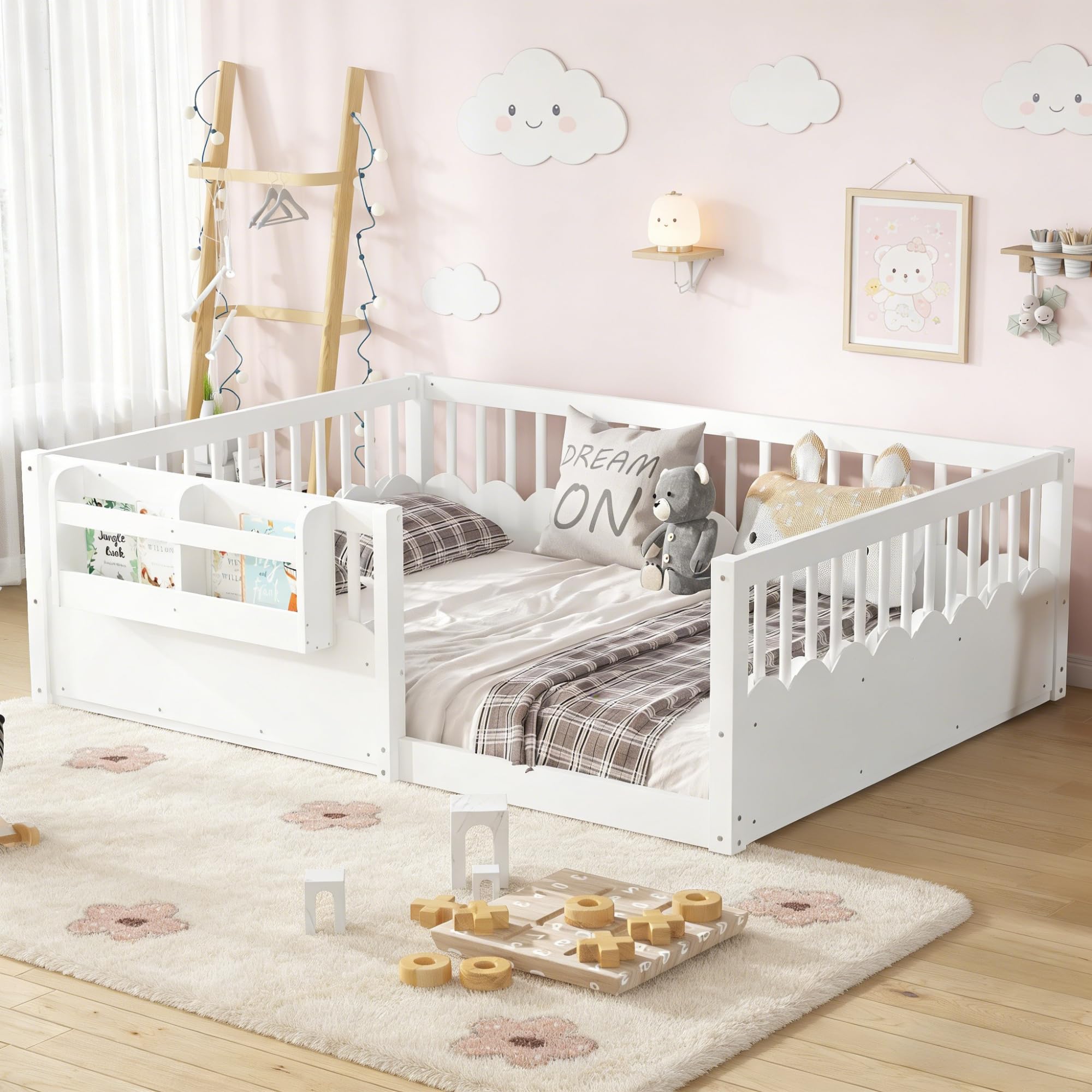 Full Size Floor Bed with Bookshelves, Wood Kids Floor Bed with Upgraded Guardrails and Slats, Montessori Floor Bed Frame for Kids, Boys, Girls, Childlike and No Spring Box Needed Design, White