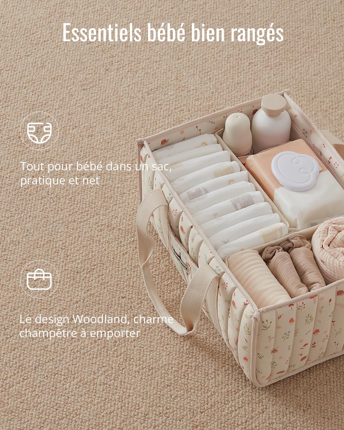 Blissful Diary Panier Rangement Bébé, Organiseur de couches pour Table à Langer, panier de rangement pour couches et lingettes pour bébé, cadeau pour fête prénatale,Crème Bois - 3
