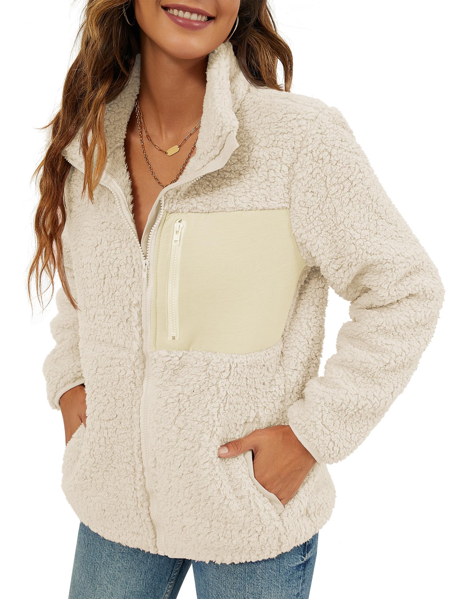Women's Fashion Faux Shearling Shaggy Full Zip Coats Warm Winter Patchwork Jackets with Pocket