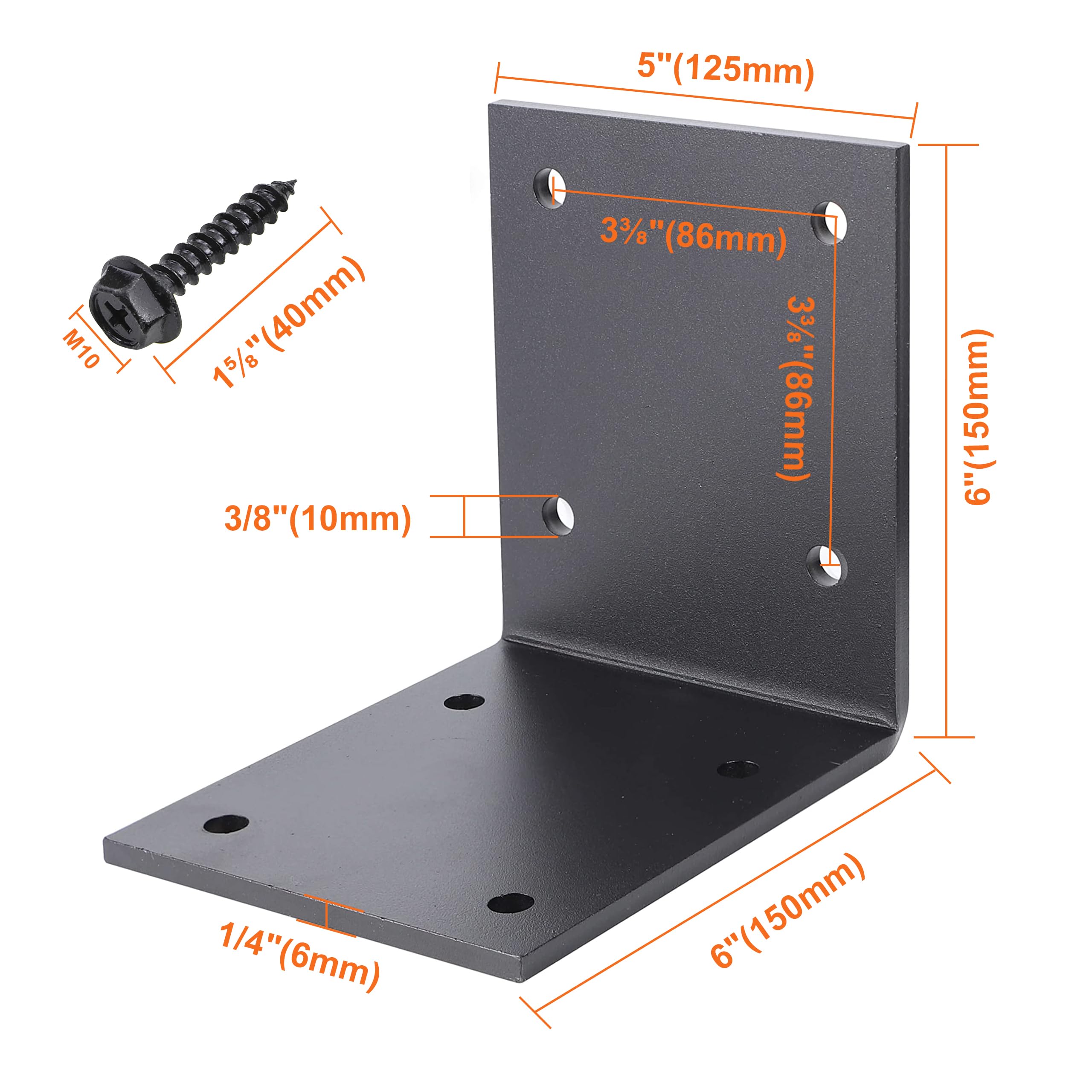 Wuno Shop 2 Pcs 6"x6"x5" Heavy Duty Steel Corner Brackets, 90 Degree Countertop Fireplace Mantel Bracket, L Shelf Bracket, 6x6 Post To Beam Connector, Thickness 1/4"(6 Mm), Max Load 300lb - View #5