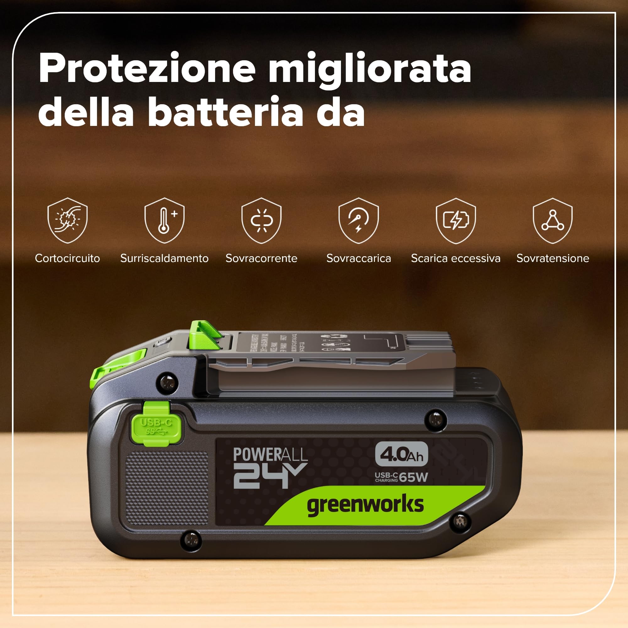 Greenworks TwinPack 24V 4Ah Batteria Ricaricabile ad Alta Potenza USB-C Batteria Li-Ion Compatibile con Tutti gli oltre 200 Dispositivi Greenworks 24V, 2 anni di garanzia - K2D8NNA