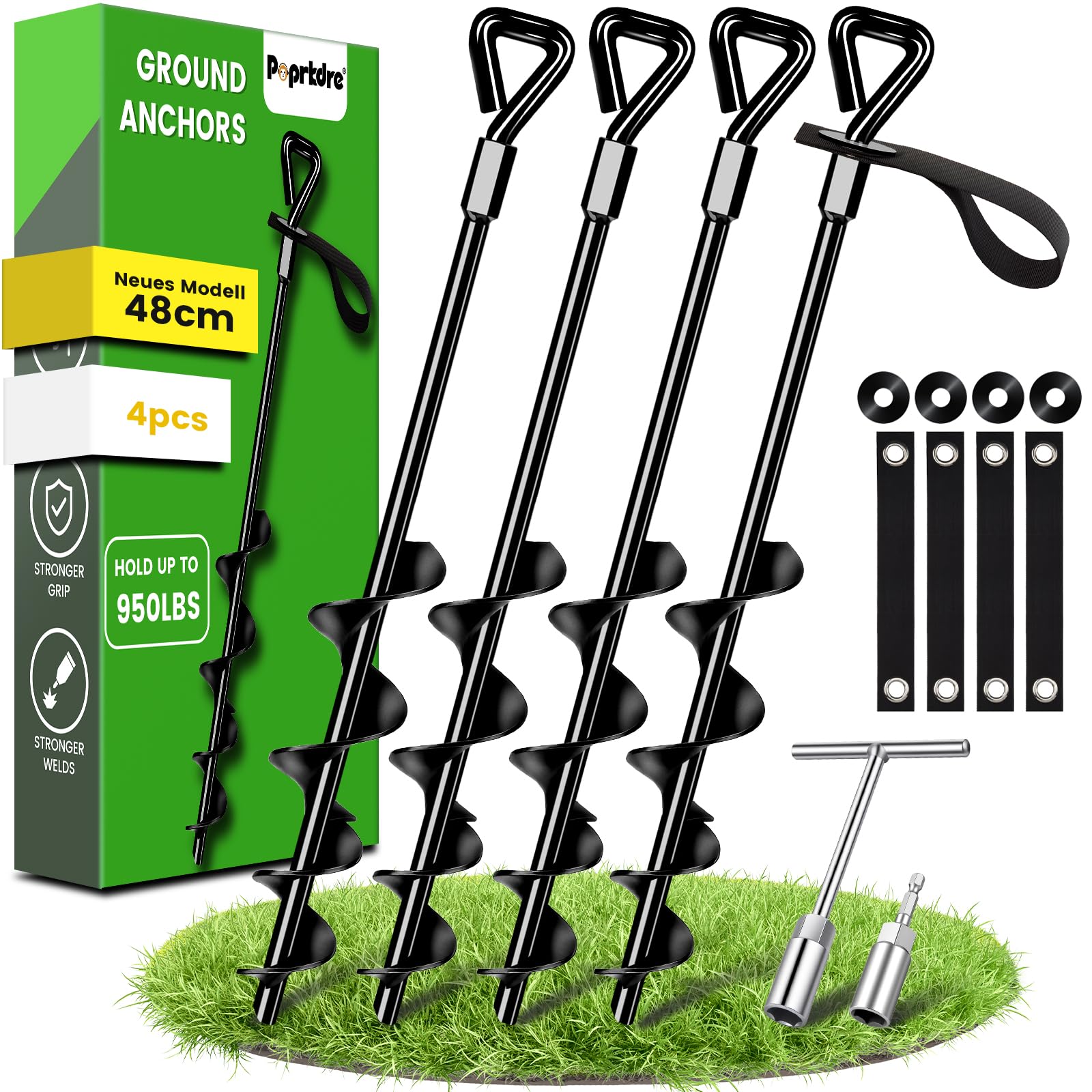 Piquets d'ancrage au sol 48 cm, lot de 4 Piquets d'ancrage Premium Secure version améliorée à visser pour la fixation de tentes, trampolines, chiens, abris, etc., résistent au vent fort