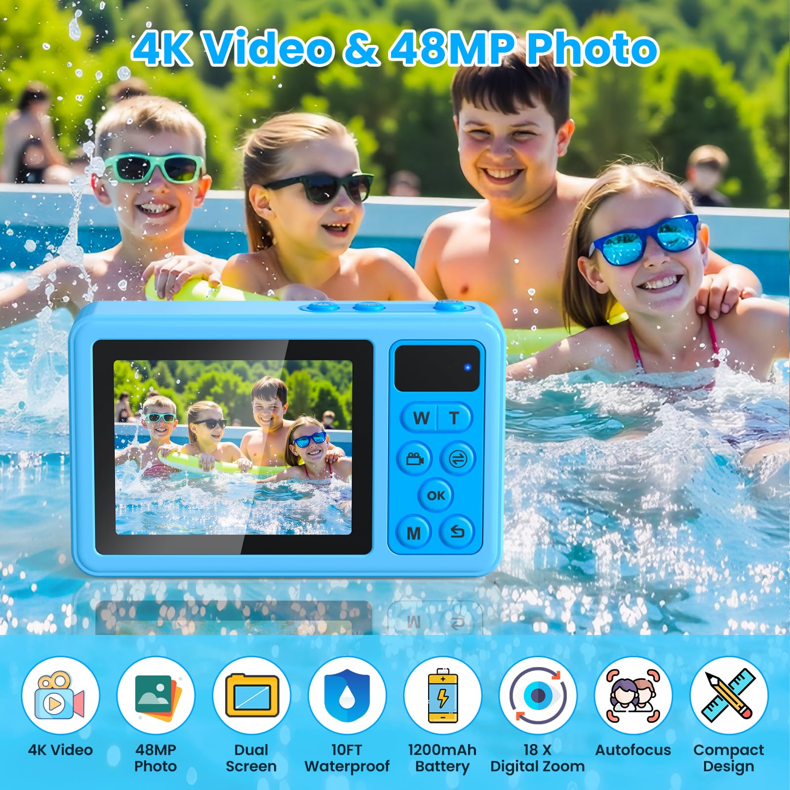 4K Underwater Digital Camera,10FT Floating Camera,48MP Waterproof Camera for Snorkeling,Surfing,Swimming and Kayaking,Dual-Screen Selfie,Autofocus,18X Zoom,Fill Light,32GB Card,Type-C Rechargeable — view 2