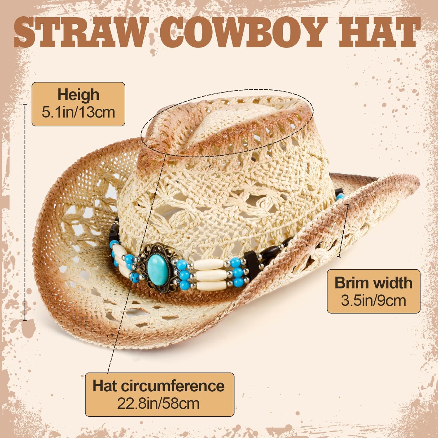 Straw Cowgirl Hat for Women, Foldable Western Beach Cowboy Hat with Interchangeable Bands, Breathable Summer Sun Hat for Rodeo Travel Beige
