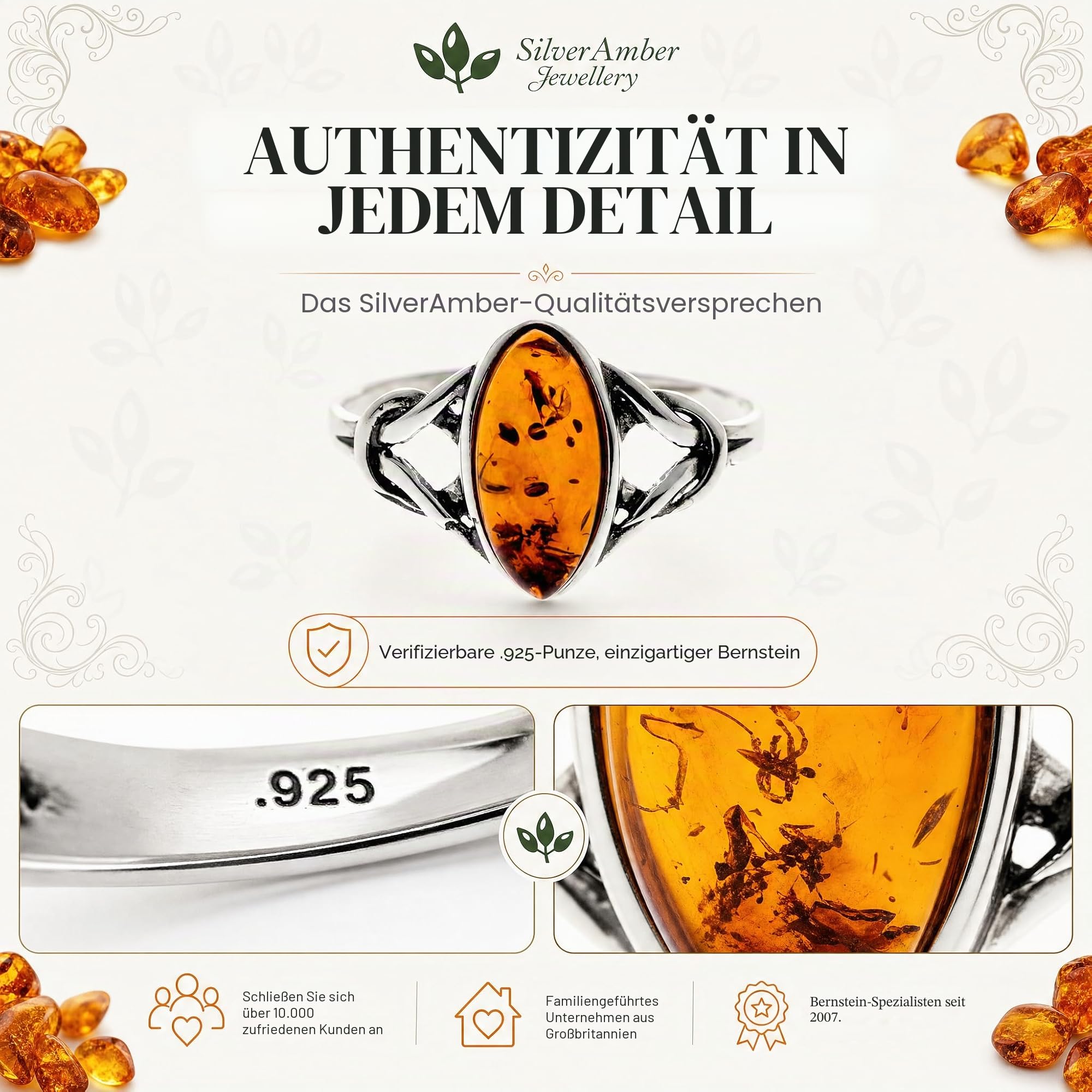 SilverAmber Jewellery - 925 Sterling Silber & Echter Baltischer Bernstein Keltischer Ring 7503