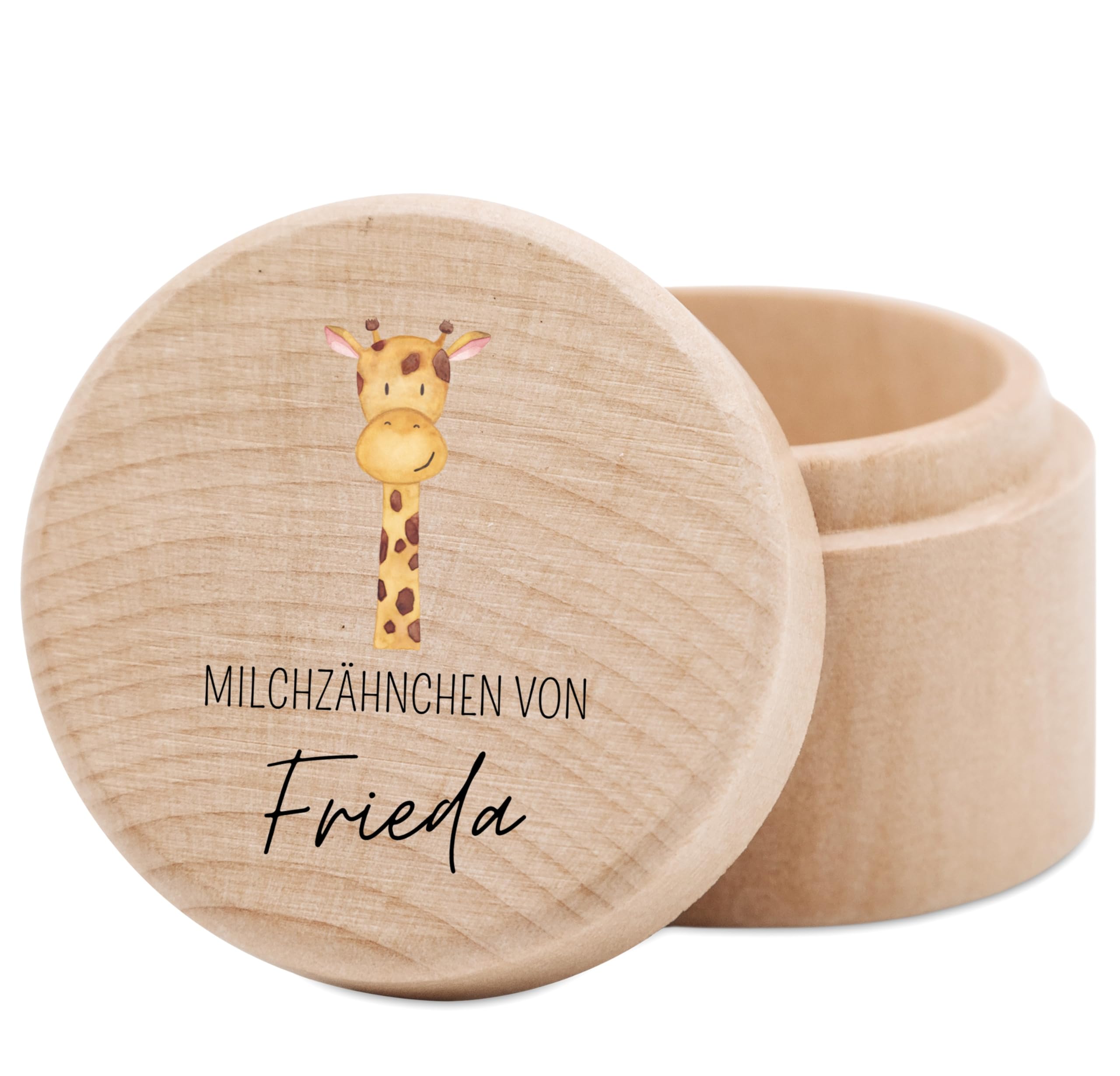 wunderwunsch® - Milchzahndose personalisiert aus Holz mit kinderfreundlichem UV-Druck - Zahndose Milchzähne als Erinnerung an die ersten Zähnchen (Giraffe)