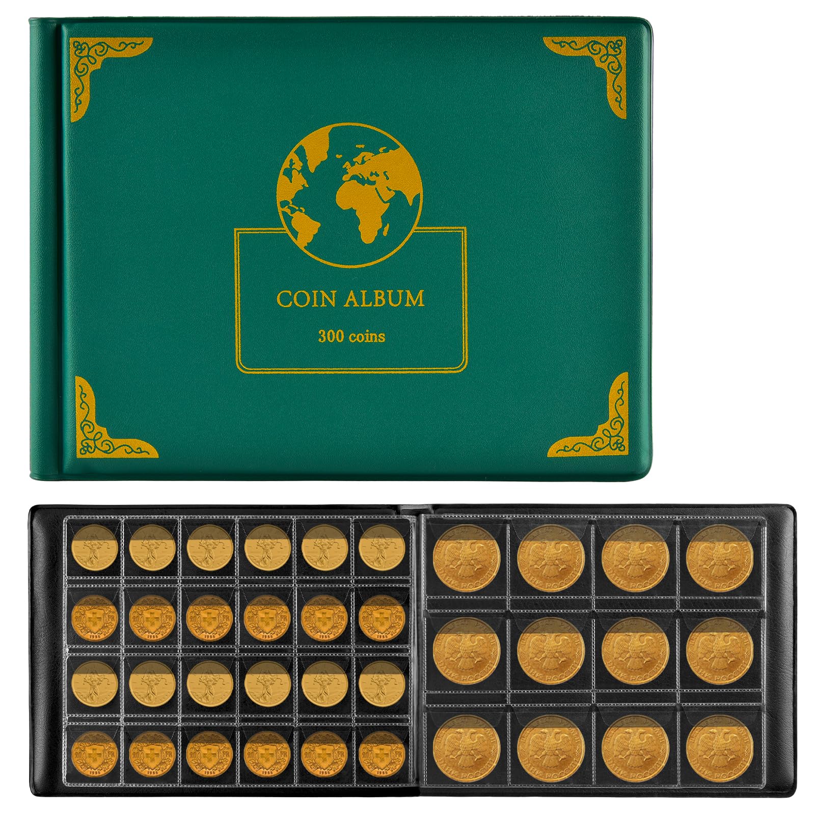 300 Pockets Coin Collection Album Holder Book for Collectors 300 Pockets Coin Collecting Storage Albums for 20/25/ 27/30/ 38mm Coins- Green