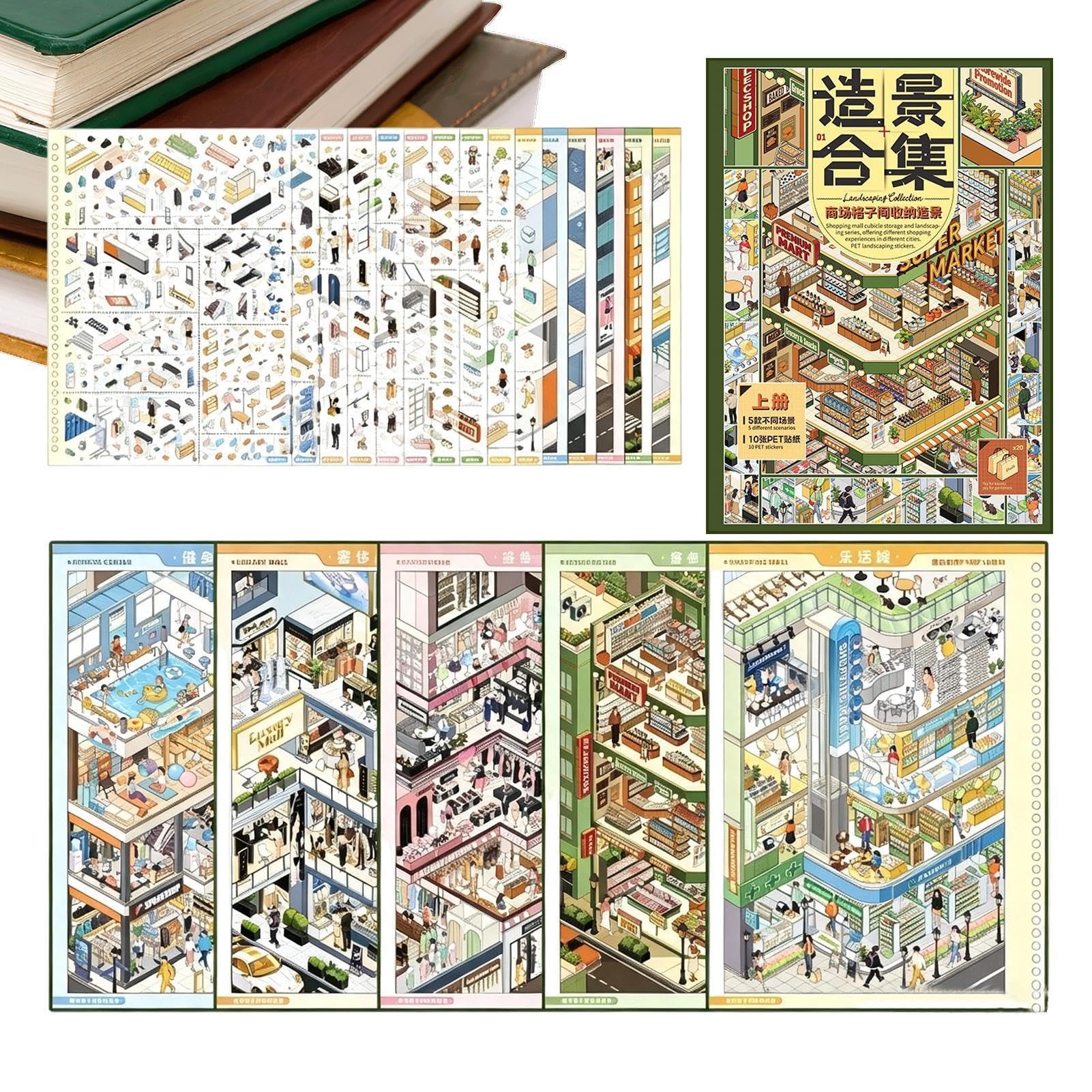 Miniatur-Szenen-Aufkleber Einkaufszentrum-Kabinen-Kollektion | Für Journale, Planer, Bastelarbeiten & Mehr
