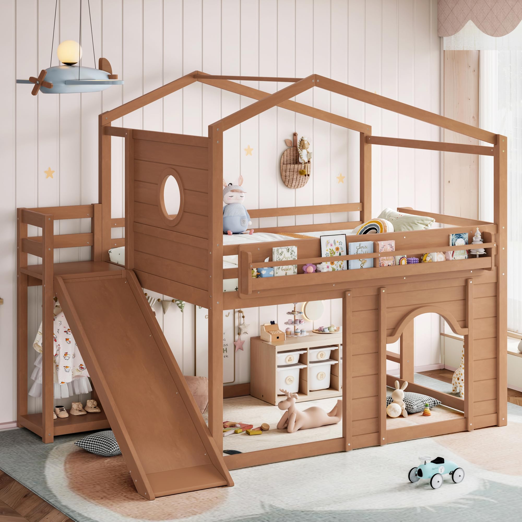 Bellemave Bunk beds Full Over Full with Slide,Bookshelf and Wardrobe House roof Design, Low bunk/loft Bed for Kids, Natural