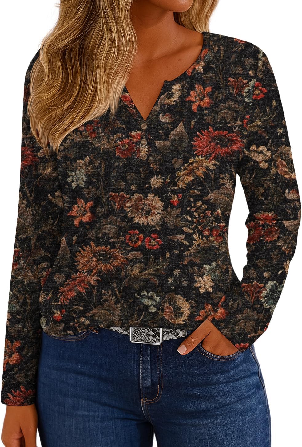 IWOLLENCE Womens Long Sleeve Aztec Western T Shirts Vintage Geometry Graphic Henley Tops Casual Button Down Blouse