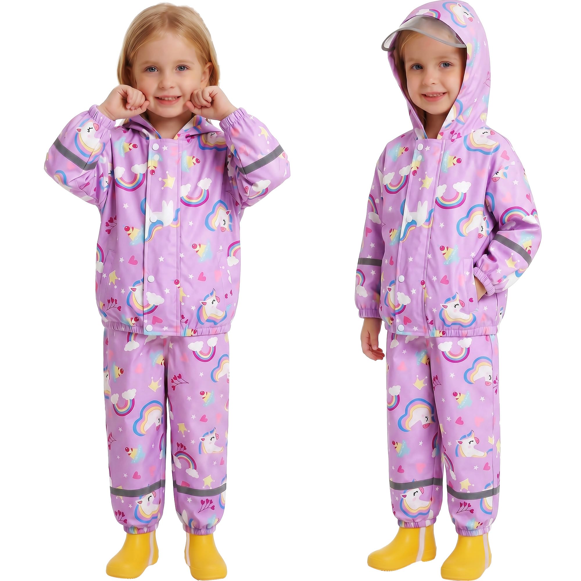 Traje de Lluvia Impermeable para Niñas, Conjunto de Chaqueta y Pantalón de Lluvia Ligero, Exteriores Impermeables Unicornio Abrigos con Capucha, Antiviento Chubasquero para 1-7 años