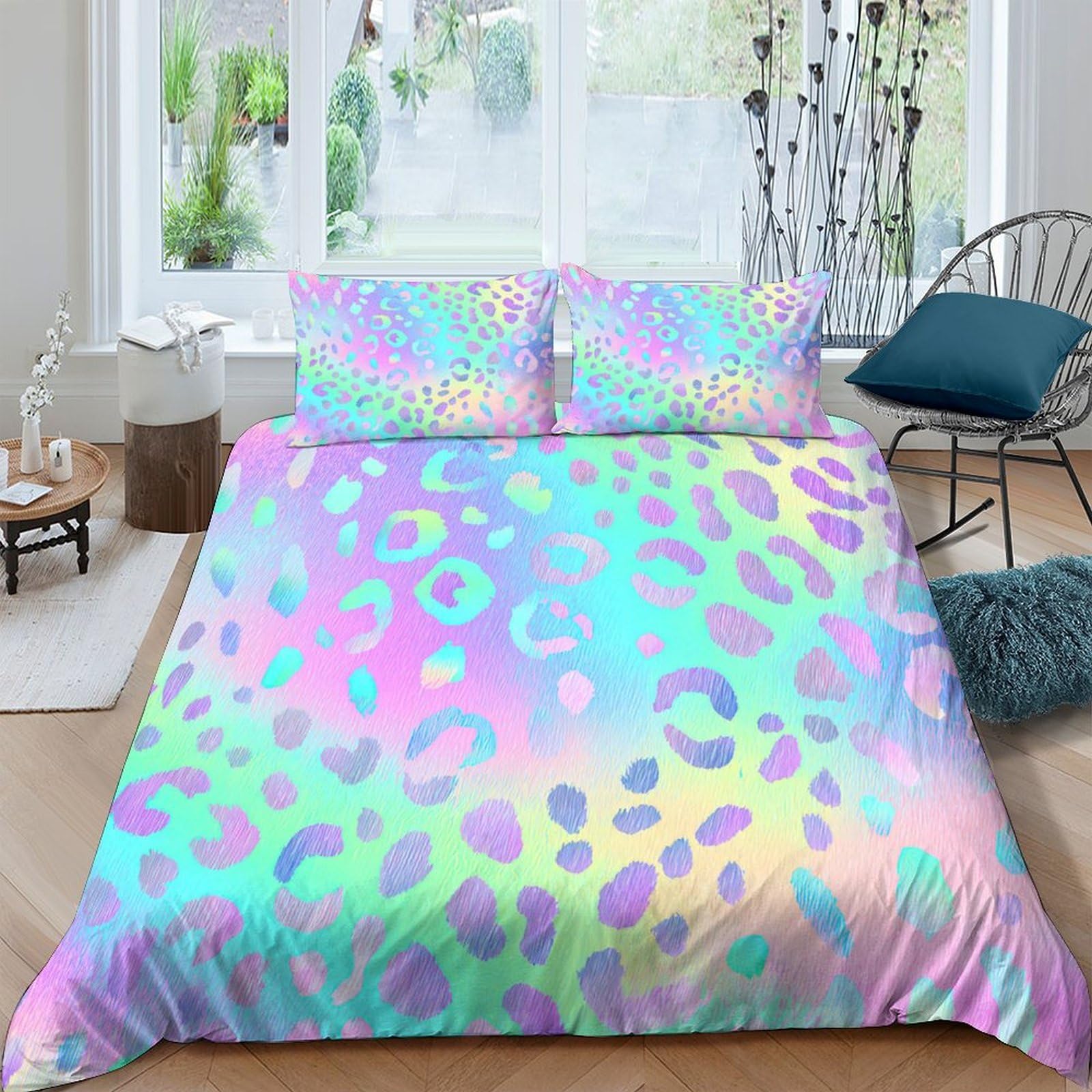 TUFRTGYHN 3D Printed Rainbow Leopard Duvet Cover Set Microfiber Soft Pastel Animal Print Bedding Set with 2 Pillowcases for Bedroom Home Decor, Breathable All Seasons Single（135x200cm）