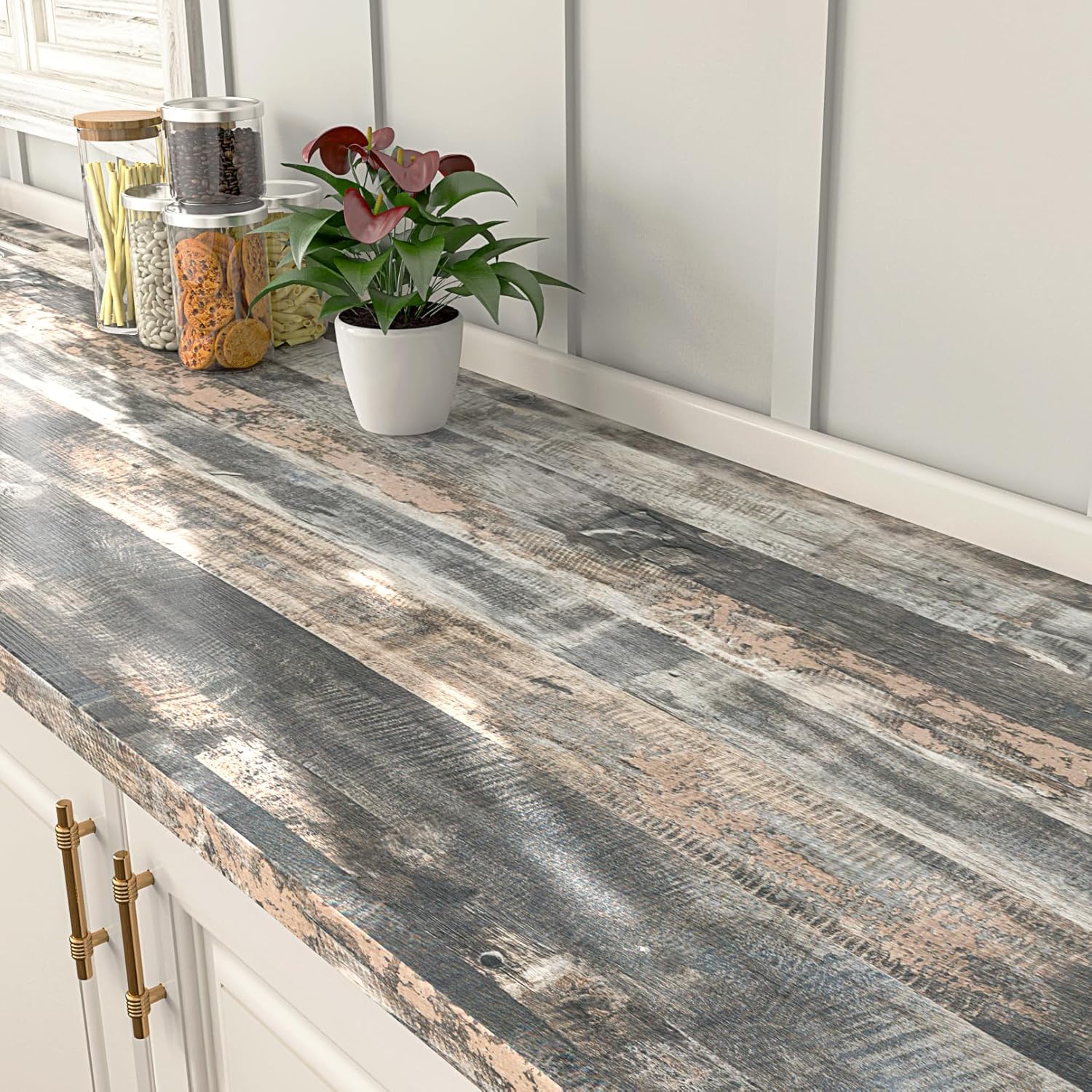 FunStick 24"x200" Grey Wood Countertop Contact Paper Wood Grain Contact Paper for Cabinets Peel and Stick Countertops Waterproof Rustic Wood Wallpaper for Kitchen Counter Top Table Covers Vinyl Wrap 24"W x 200"L Gray and White