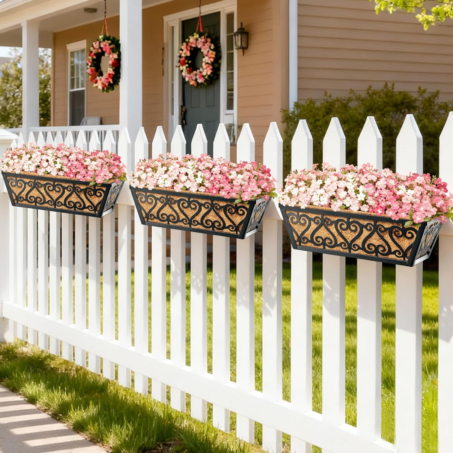 2 Pack 16 Inch Deck Railing Planter Box - Window Boxes Planters with Adjustable Brackets Coco Liners Balcony Planters Railing Hanging for Wind