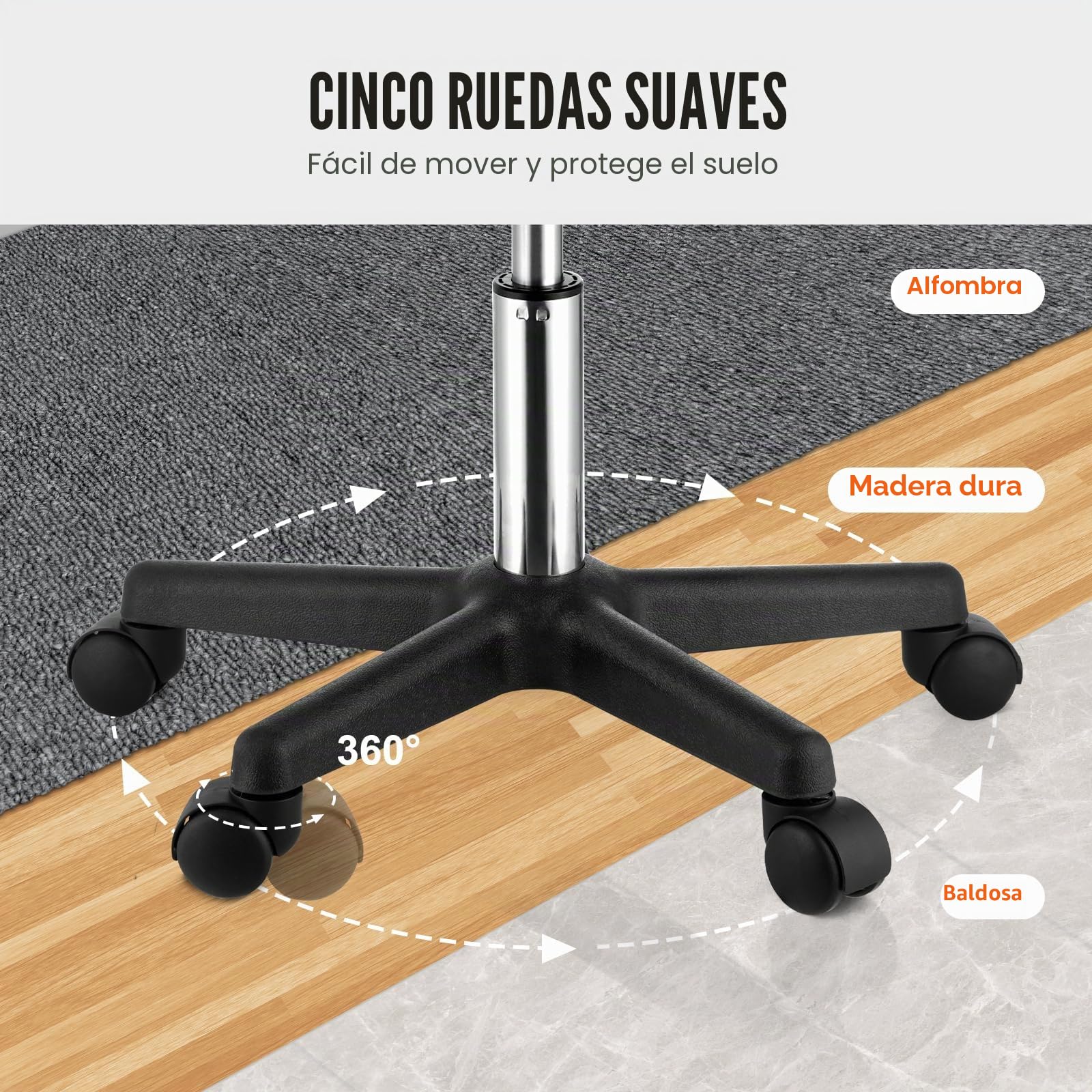 VEVOR Taburete de Oficina Carga de 181 kg Taburete con Ruedas Rotación de 360​​° Altura Ajustable de 46-60,5 cm Silla con Ruedas Cojín Grueso 10 cm Cubierto con Cuero de PU para Salón Clínica Oficina