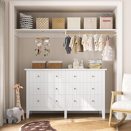 Miniatura 7 de FOTOSOK Cómoda blanca, cómoda de cajones, cómodas modernas de 6 cajones con cajones profundos, cómoda de guardería para bebé, gabinete organizador