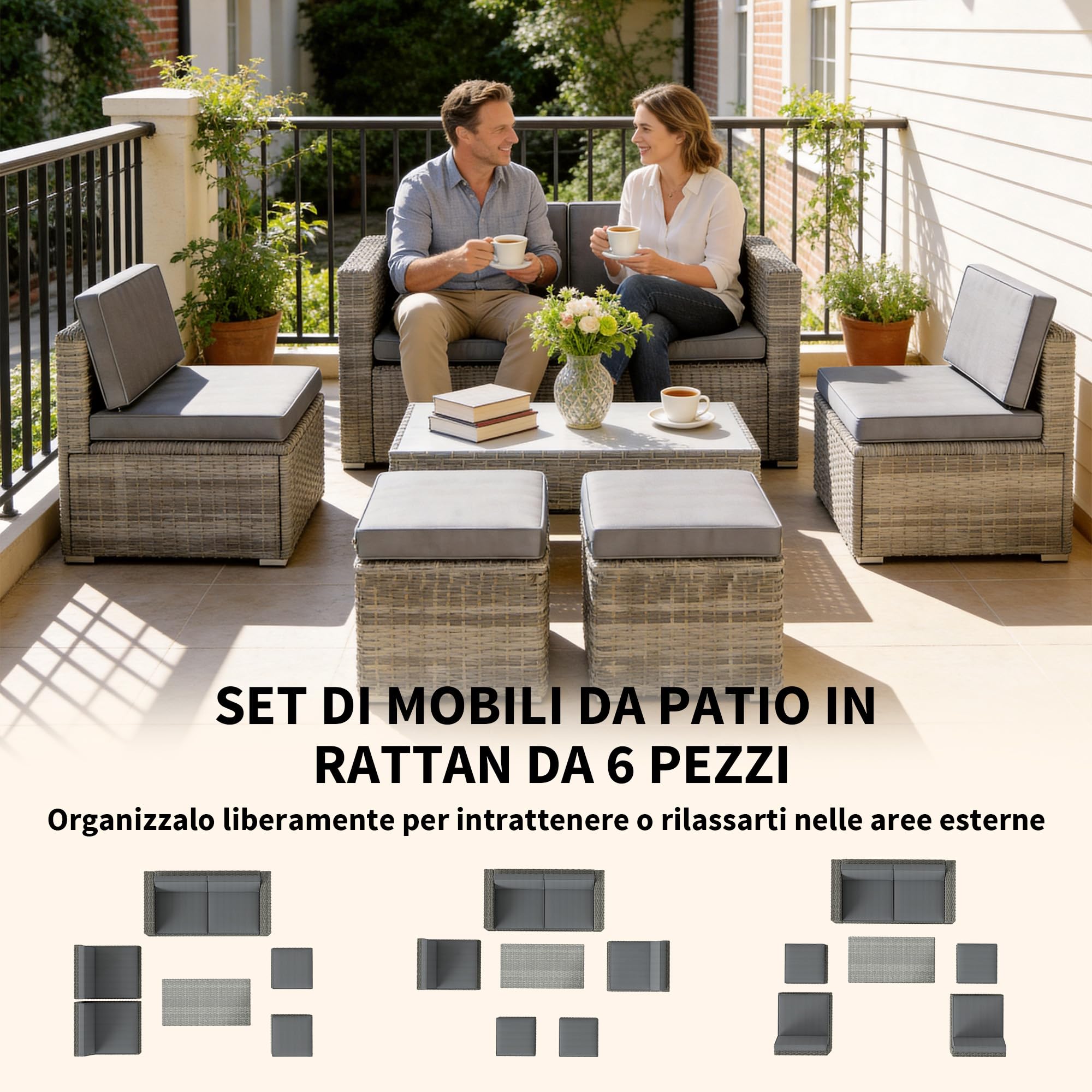Outsunny Set Salotto da Giardino in Rattan 6 Pezzi, Set di Mobili da Giardino Sovrapponibili Salvaspazio in Acciaio con Divano 2 Posti, 2 Poltrone, 2 Poggiapiedi, Tavolo Vetro, Cuscini, Grigio Scuro