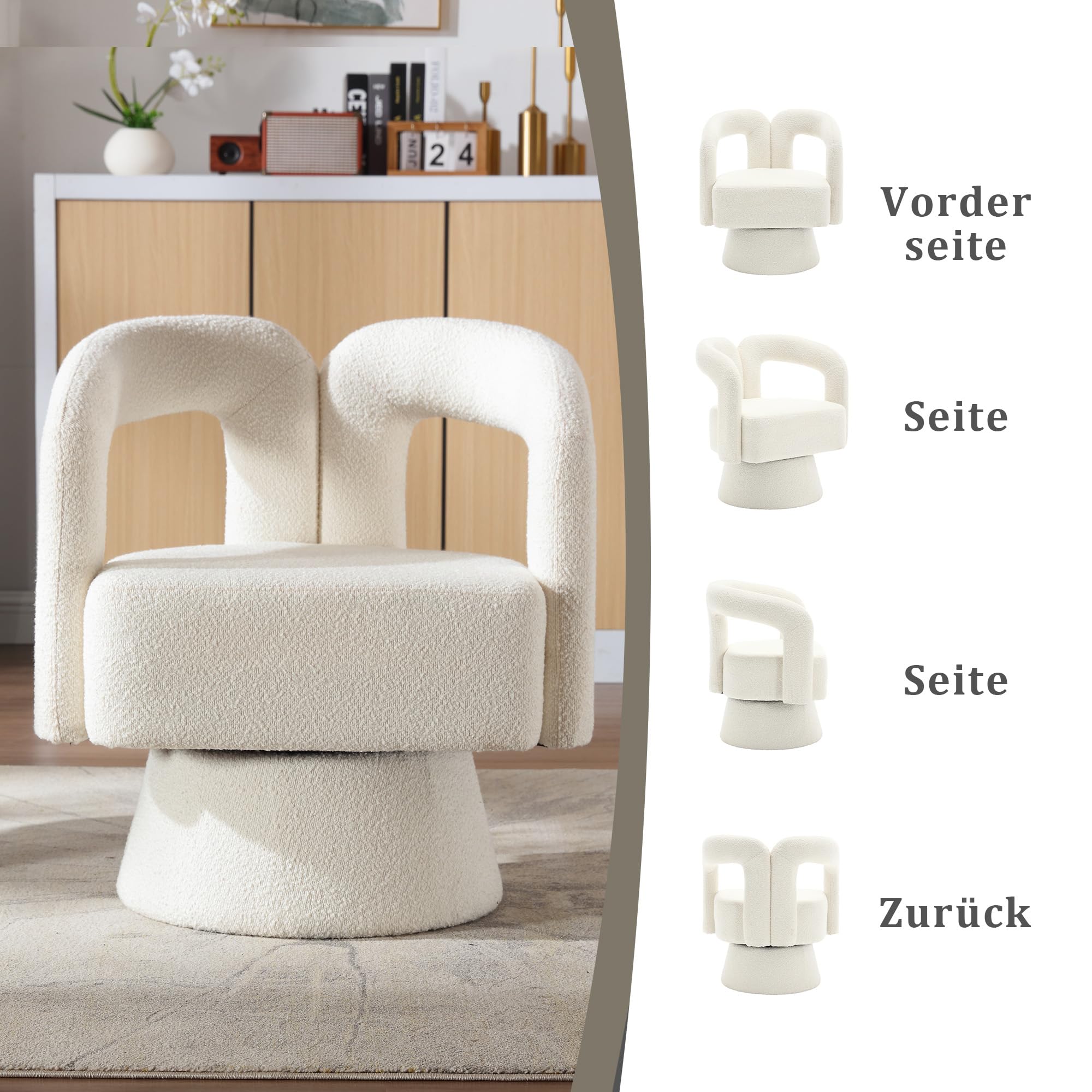 360 Grad Drehbare Kuschelfass-Akzentstühle, runde Sessel mit breiter Polsterung, Flauschiger Stoffsessel für Wohnzimmer, Schlafzimmer, Büro, Warteräume, Beige